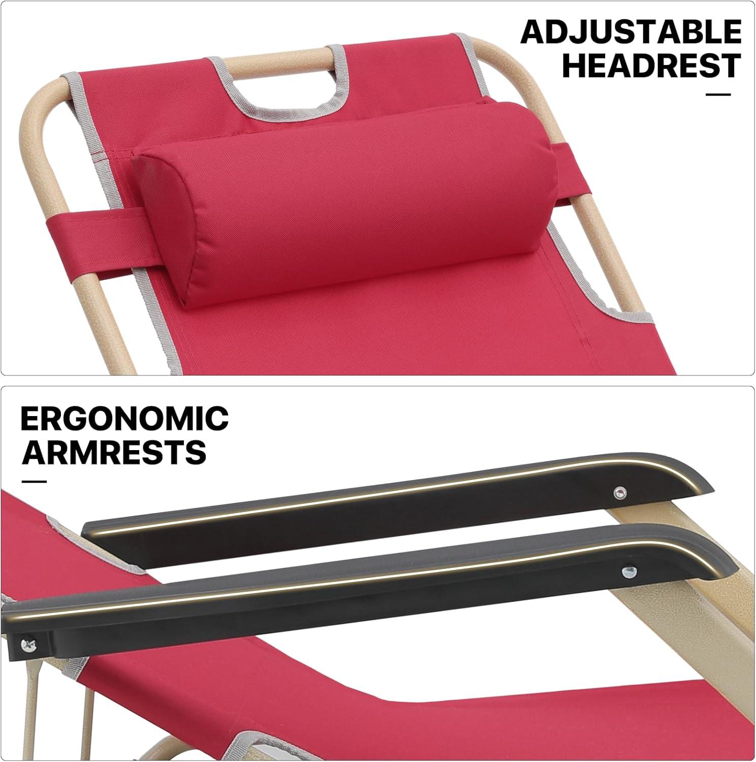 MoNiBloom Lounge Chair with Adjustable Headrest, Outdoor Foldable Recliner, Folding Reclining Lounger for Adults, Support 330lbs, Maroon