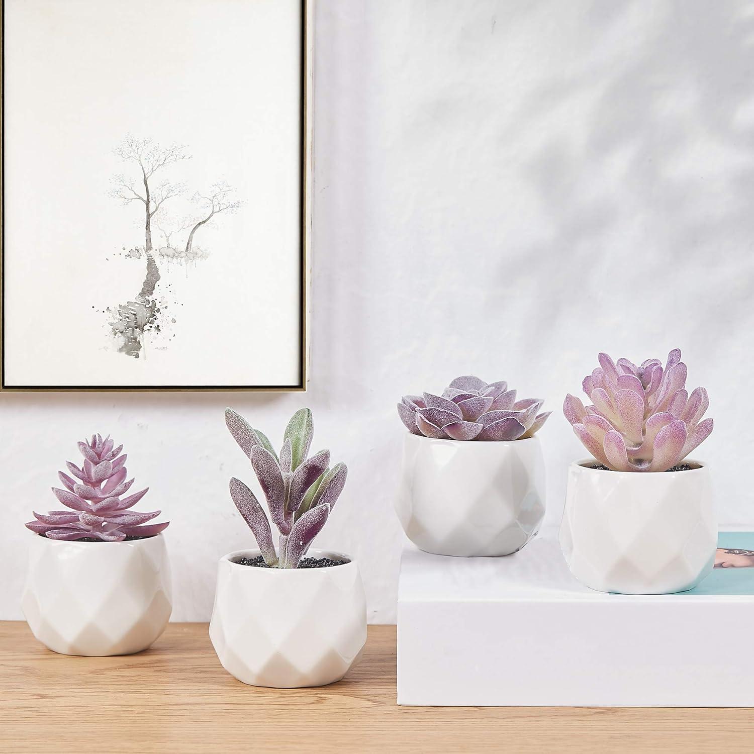 Mini Purple Plastic Succulent Set in White Pots