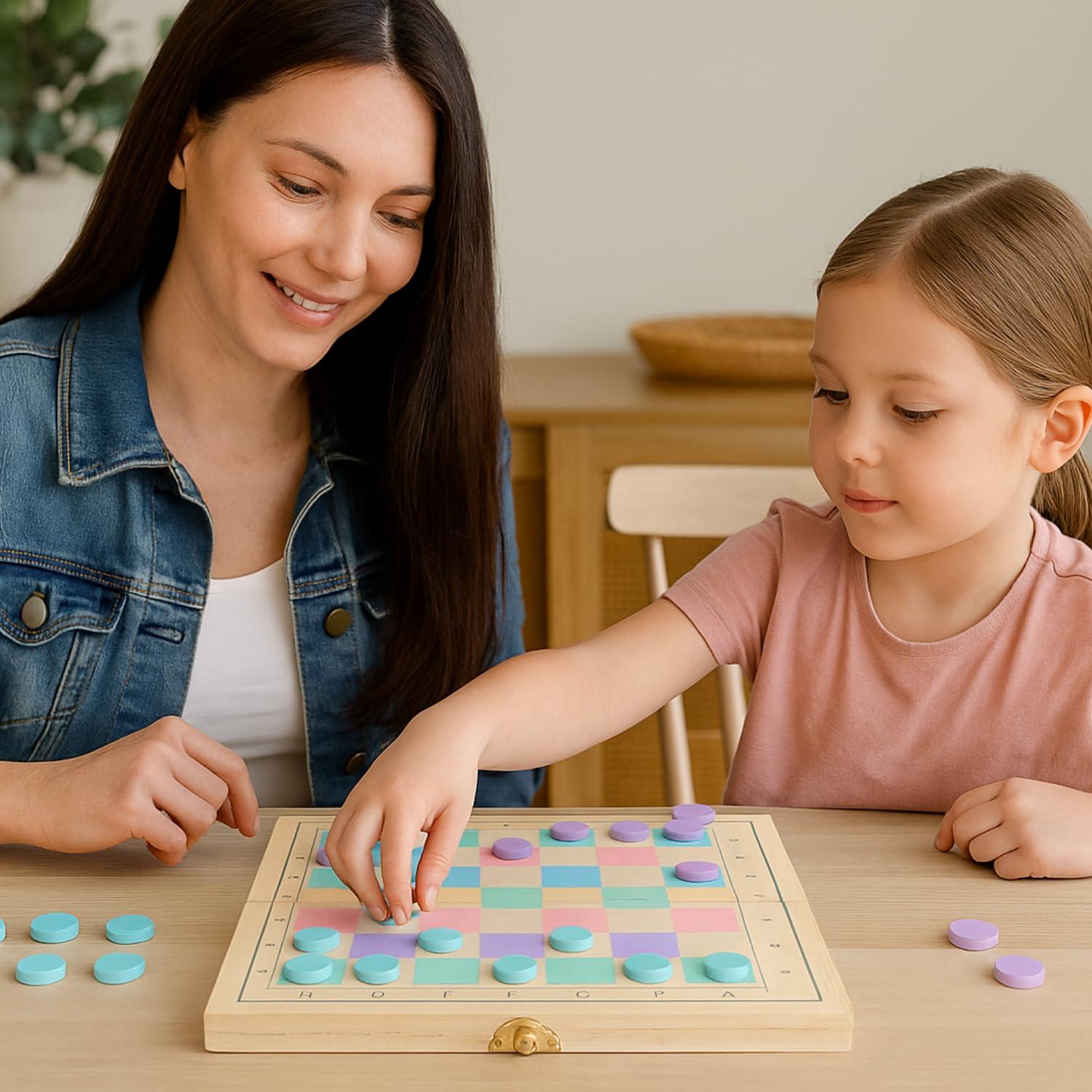 2 in 1 Wooden Chess and Checkers Set - Chess Set for Kids – Portable 11” x 11” Game Board Folds As Storage Case - Chess Checker Set - Childrens Chess Sets for Beginners - Chess Board for Kids