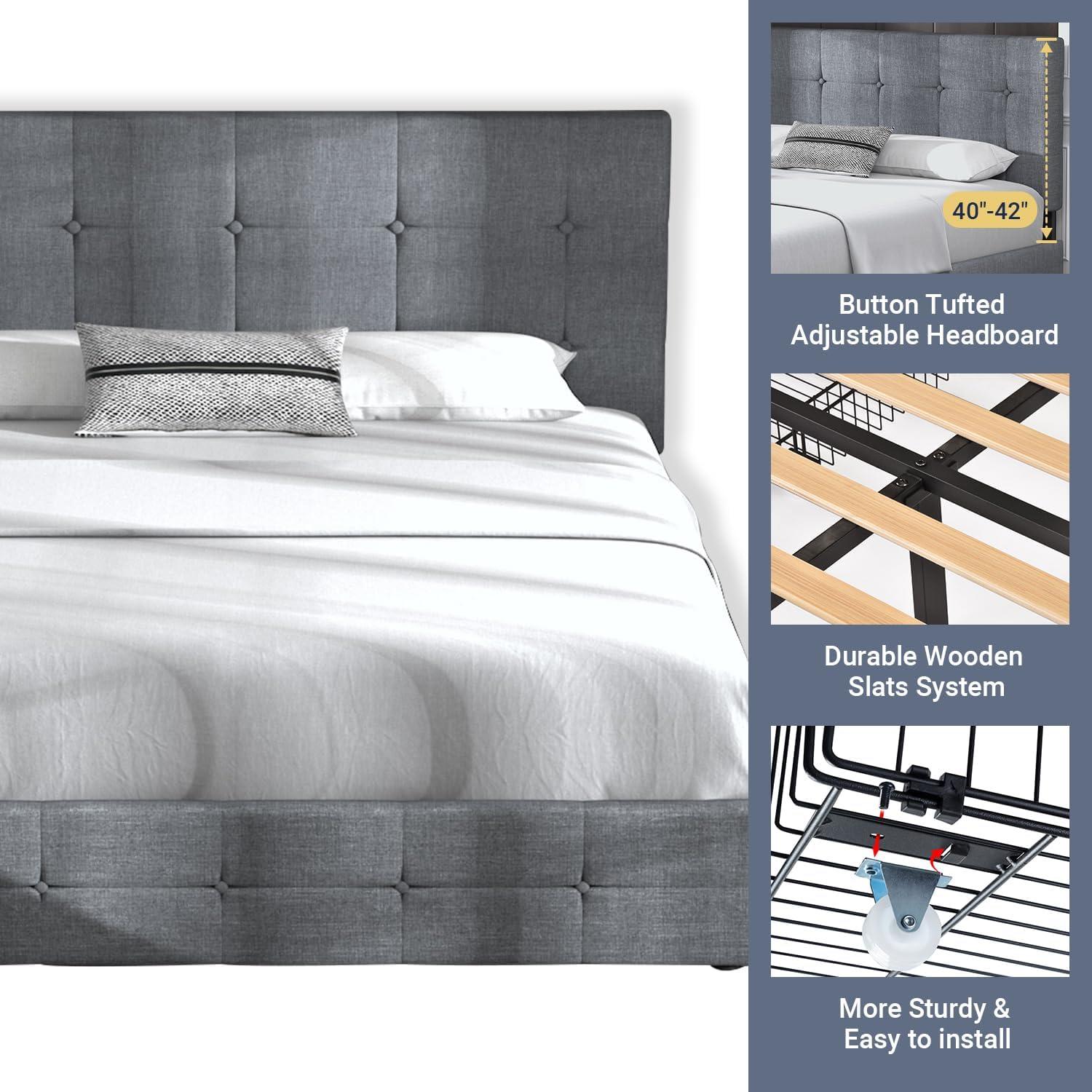 Allewie Upholstered Full Size Platform Bed Frame with 4 Storage Drawers and Headboard, Square Stitched Button Tufted, Mattress Foundation with Wooden Slats Support, No Box Spring Needed, Light Grey