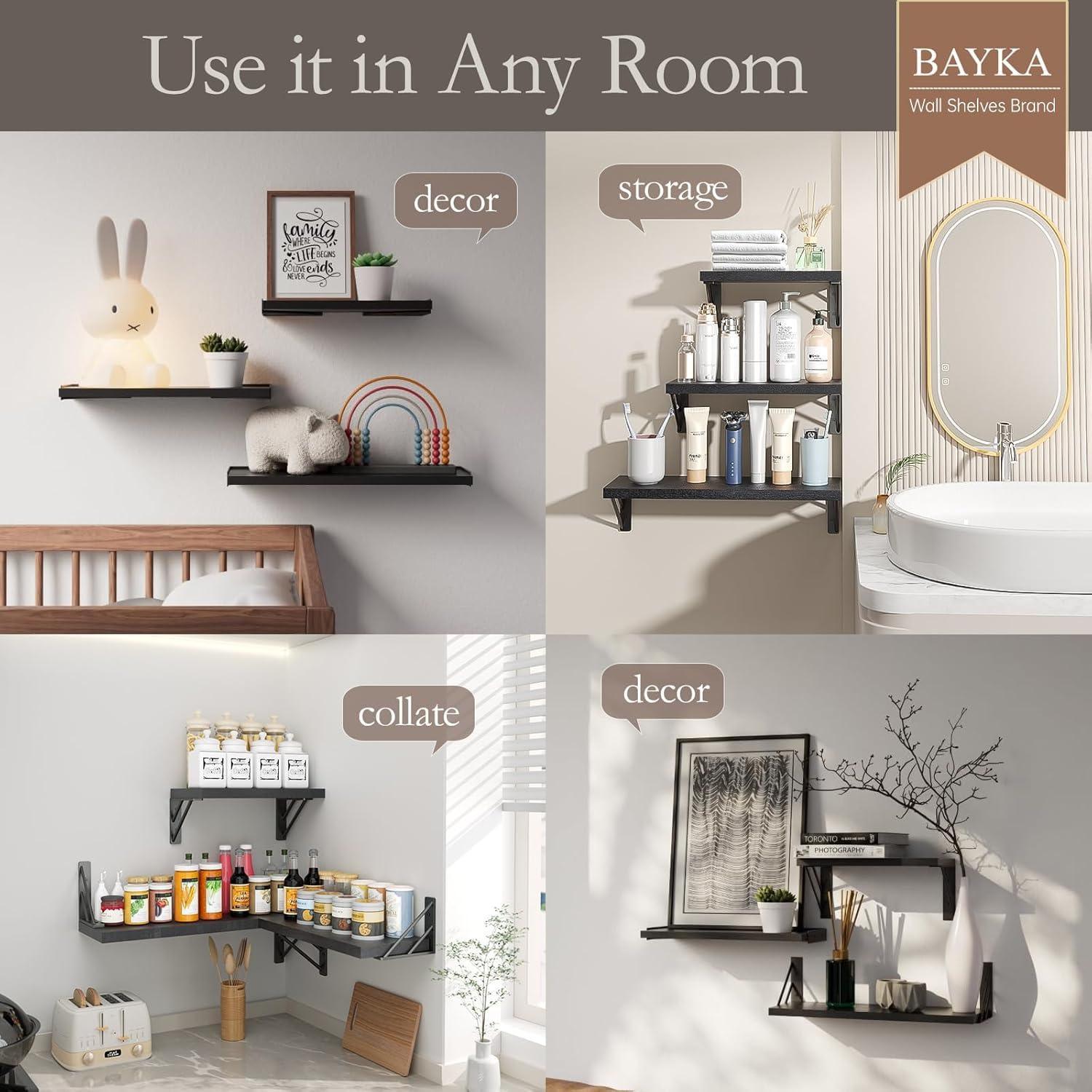 BAYKA Wall Mounted Floating Shelves, Wood Floating Wall Shelf for Books & Decor, Small Space-Saving Display & Organizer（Black，Set of 3）