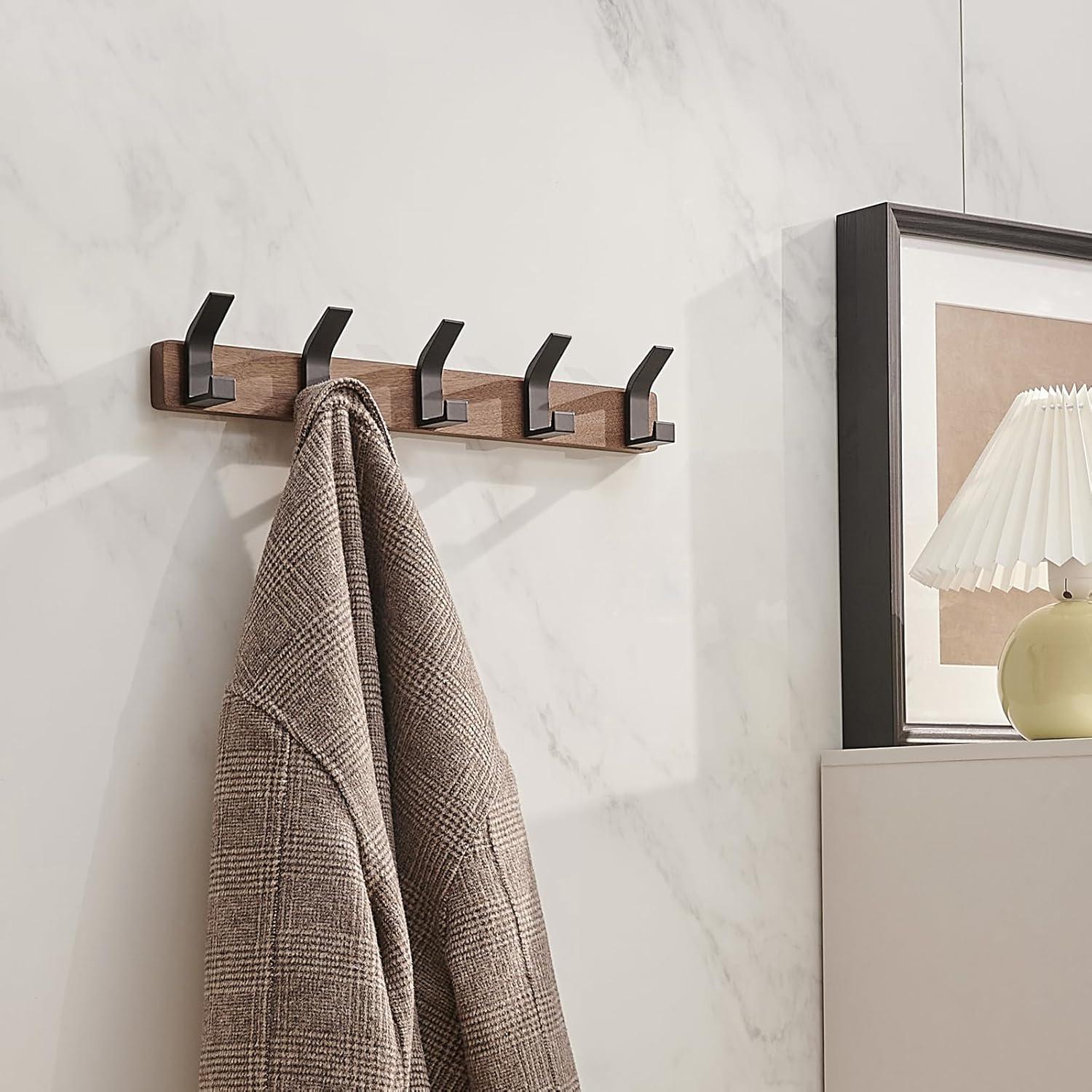 Walnut Wood Wall-Mounted Coat Rack with Black Aluminum Hooks