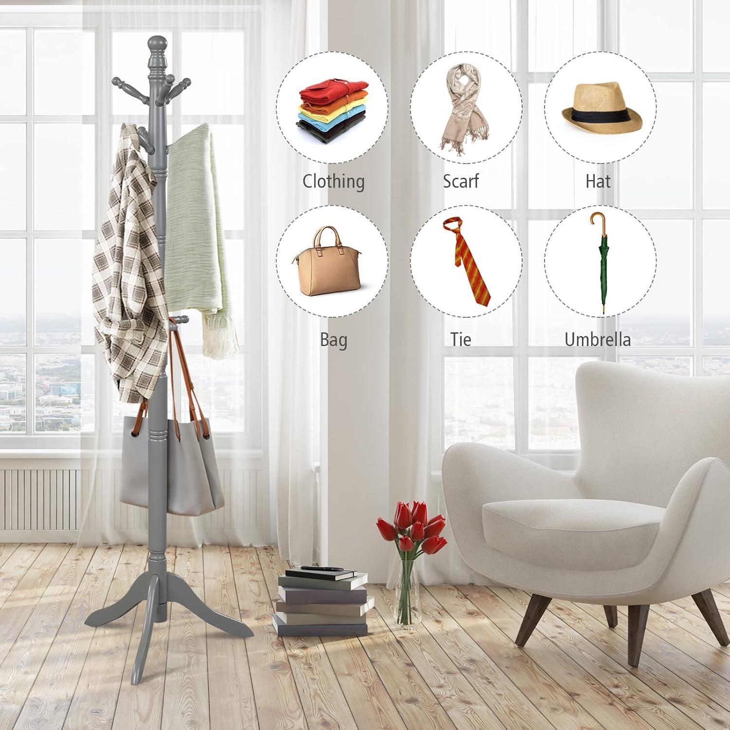 Gray Adjustable Rubberwood Freestanding Coat Rack with 9 Hooks