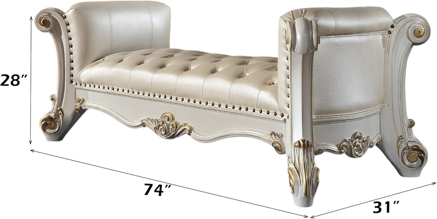 Acme Furniture 74" Vendome Ottoman and Bench Pearl Synthetic Leather and Antique Pearl Finish: Linen Upholstery, Metal Legs, No Tools Assembly