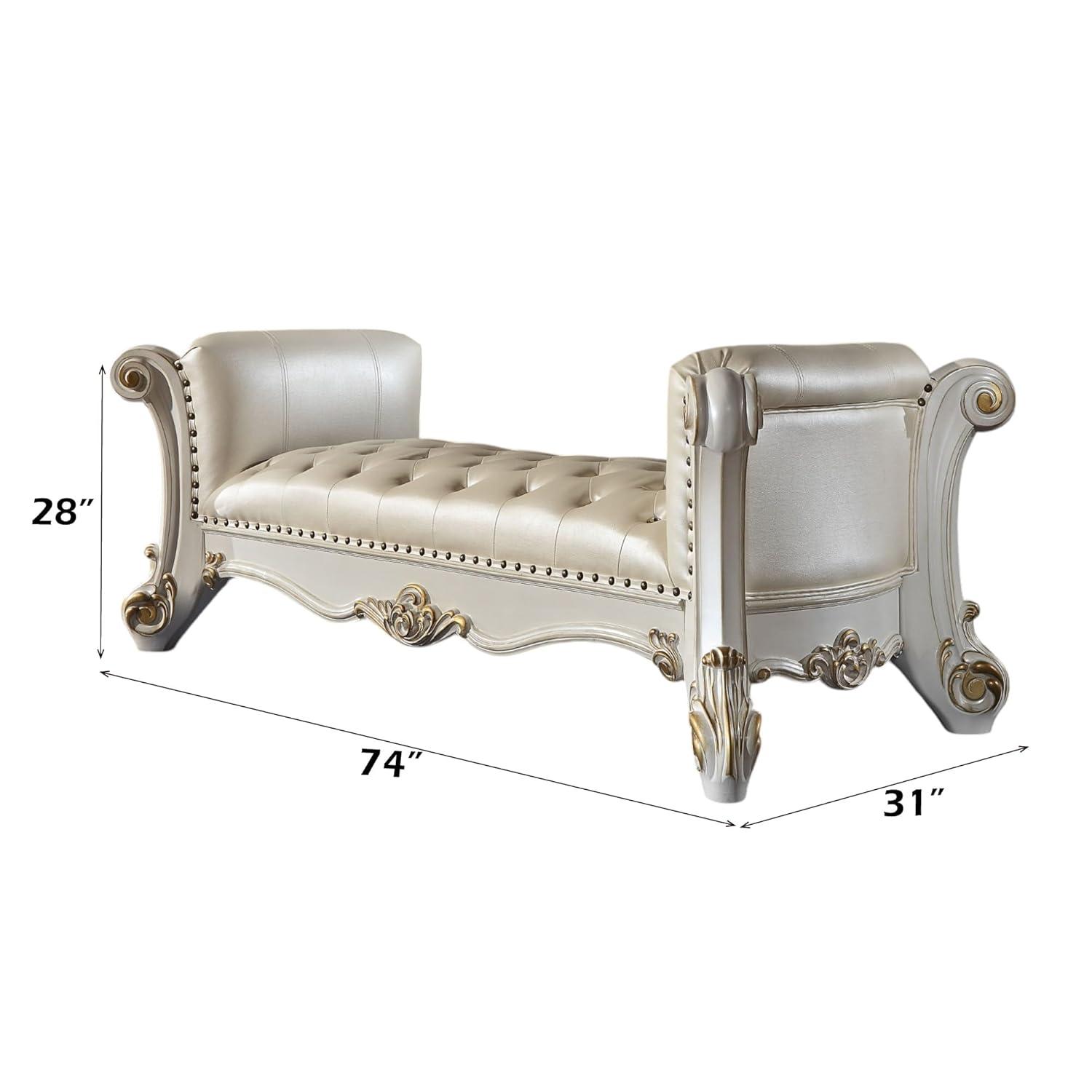 Acme Furniture 74" Vendome Ottoman and Bench Pearl Synthetic Leather and Antique Pearl Finish: Linen Upholstery, Metal Legs, No Tools Assembly