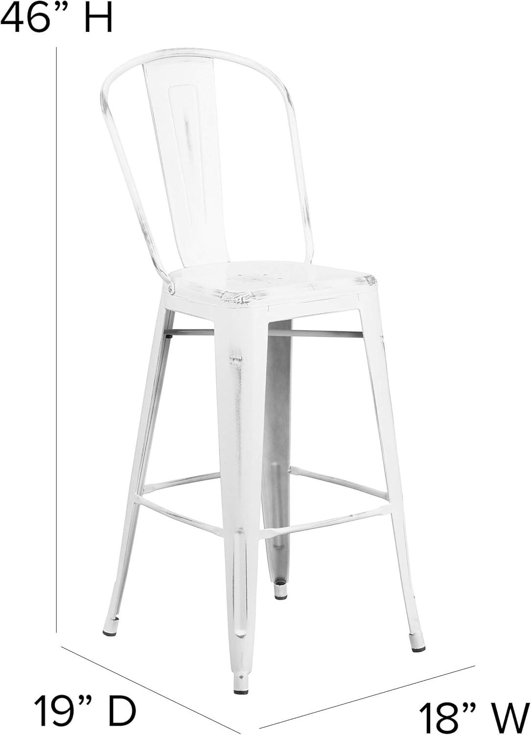 Flash Furniture Commercial Grade 30" High Distressed White Metal Indoor-Outdoor Barstool with Back
