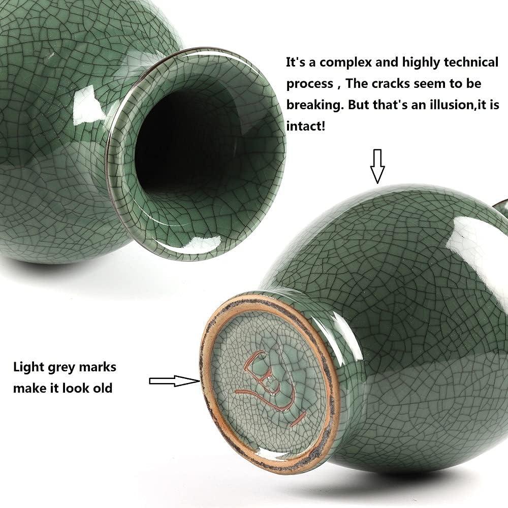 Green Ceramic Vase for Home Decor, Rustic Oriental Vases, Glazed Decorative Farmhouse Vase for Mantel, Table, Bookshelf, Living Room Decoration(Green)