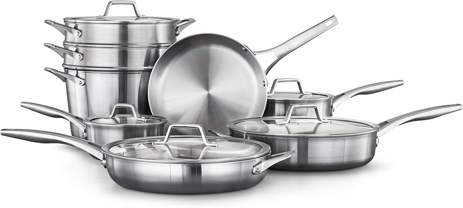 Calphalon 13-Piece Stainless Steel Kitchen Cookware Set with Aluminum Core Stay-Cool Handles and Steamer Insert Silver