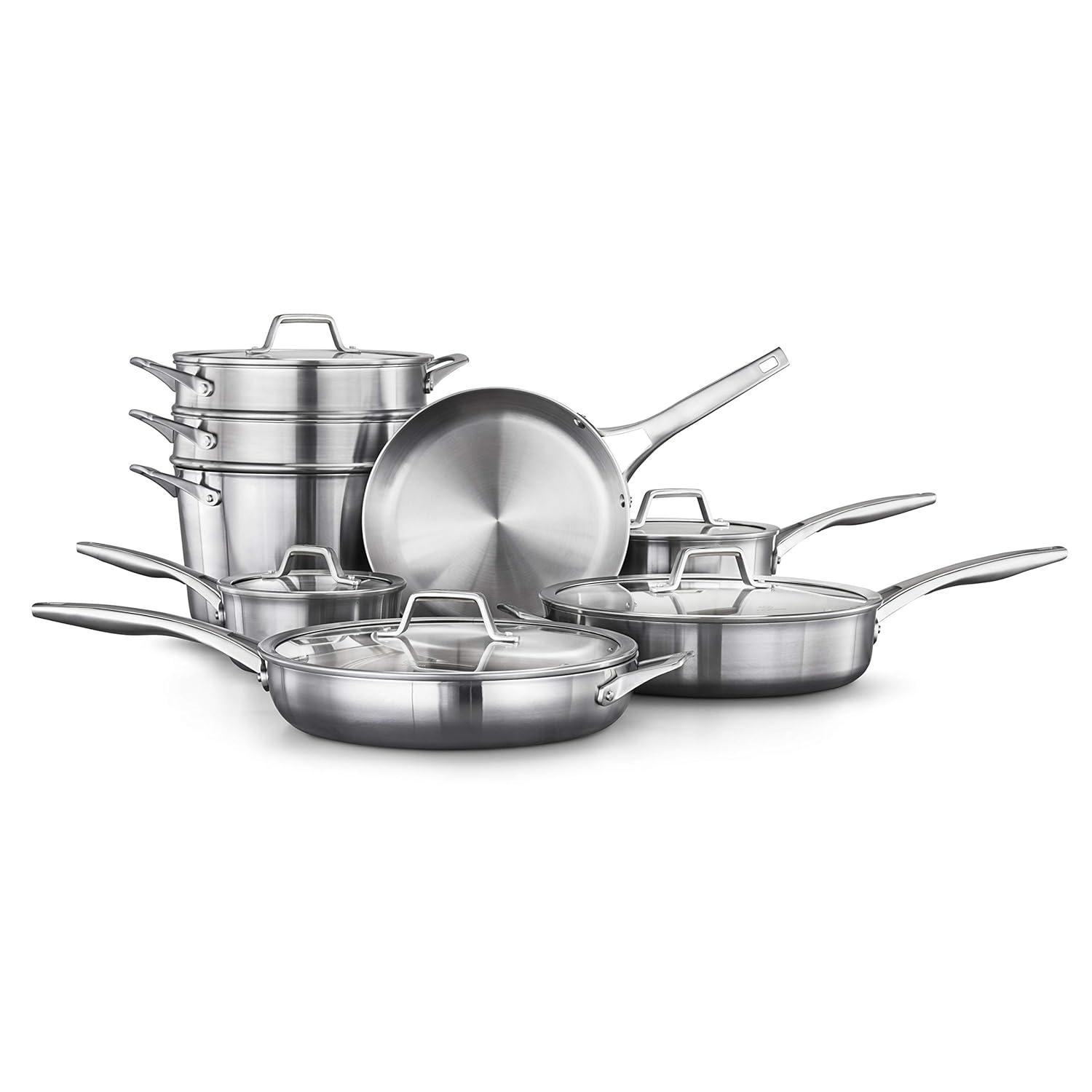 Calphalon 13-Piece Stainless Steel Kitchen Cookware Set with Aluminum Core Stay-Cool Handles and Steamer Insert Silver