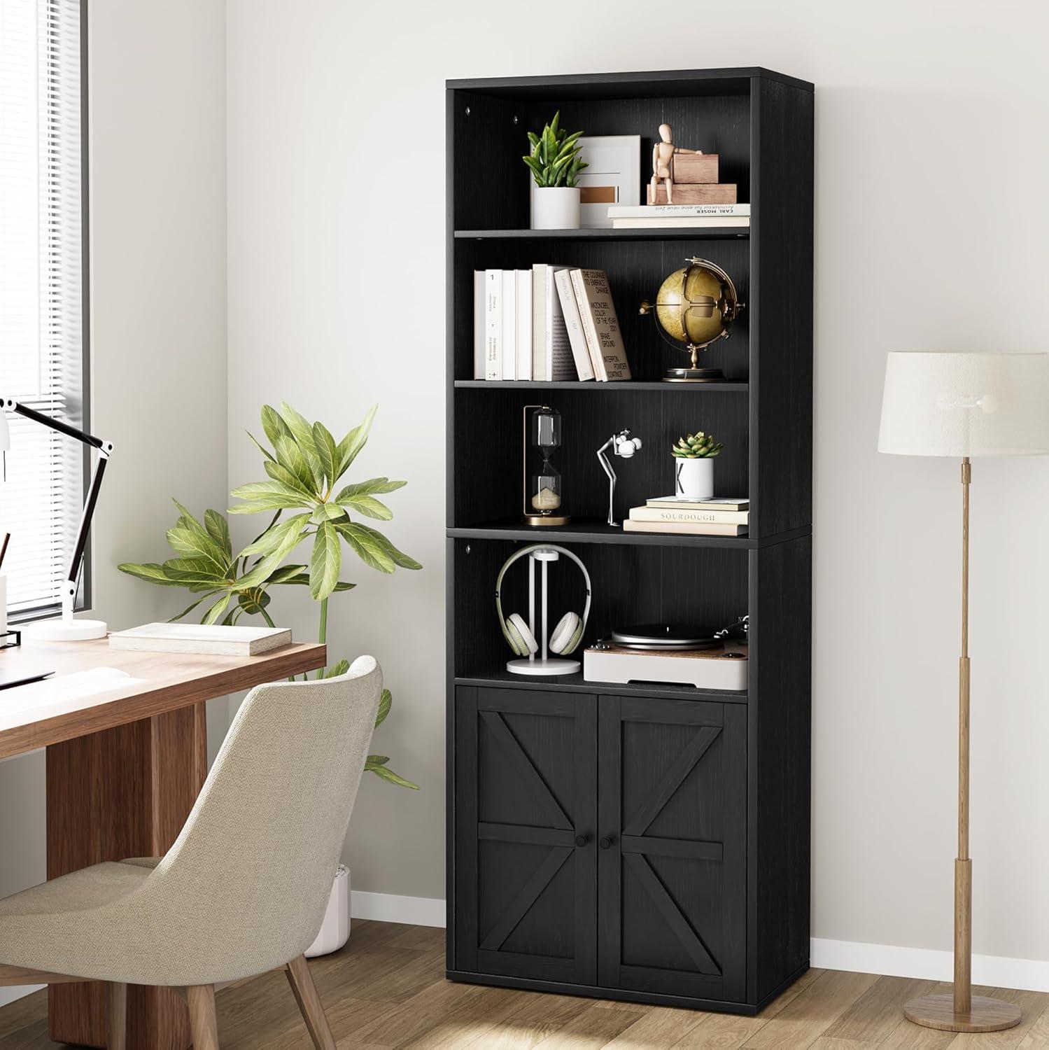 Black MDF and Metal Farmhouse Bookcase with Doors