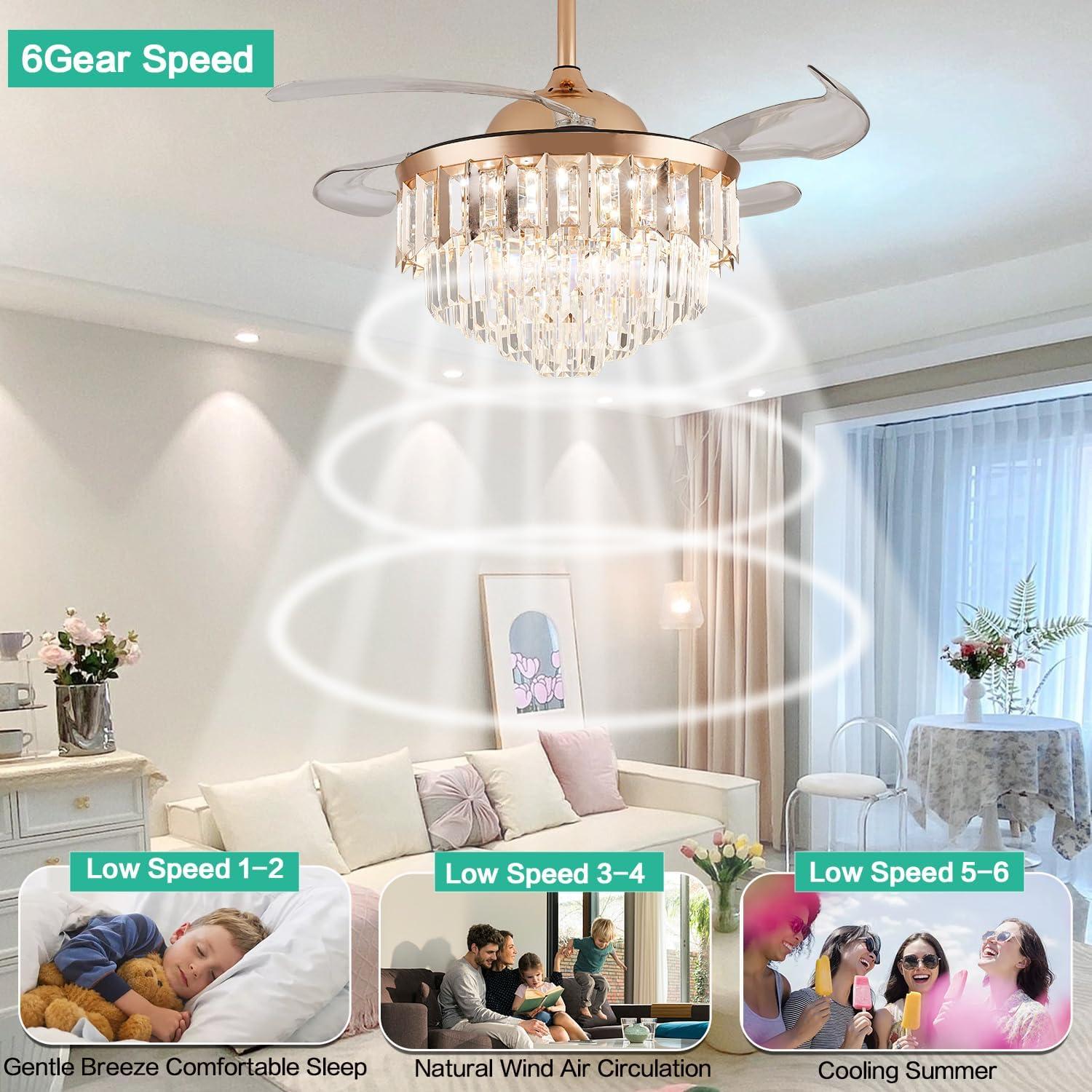 HOOMEDELIER 42" Chandelier Ceiling Fan with Remote, Crystal Beads Framed Fan with 4 Retractable Blades Smart Indoor Fandelier Fan