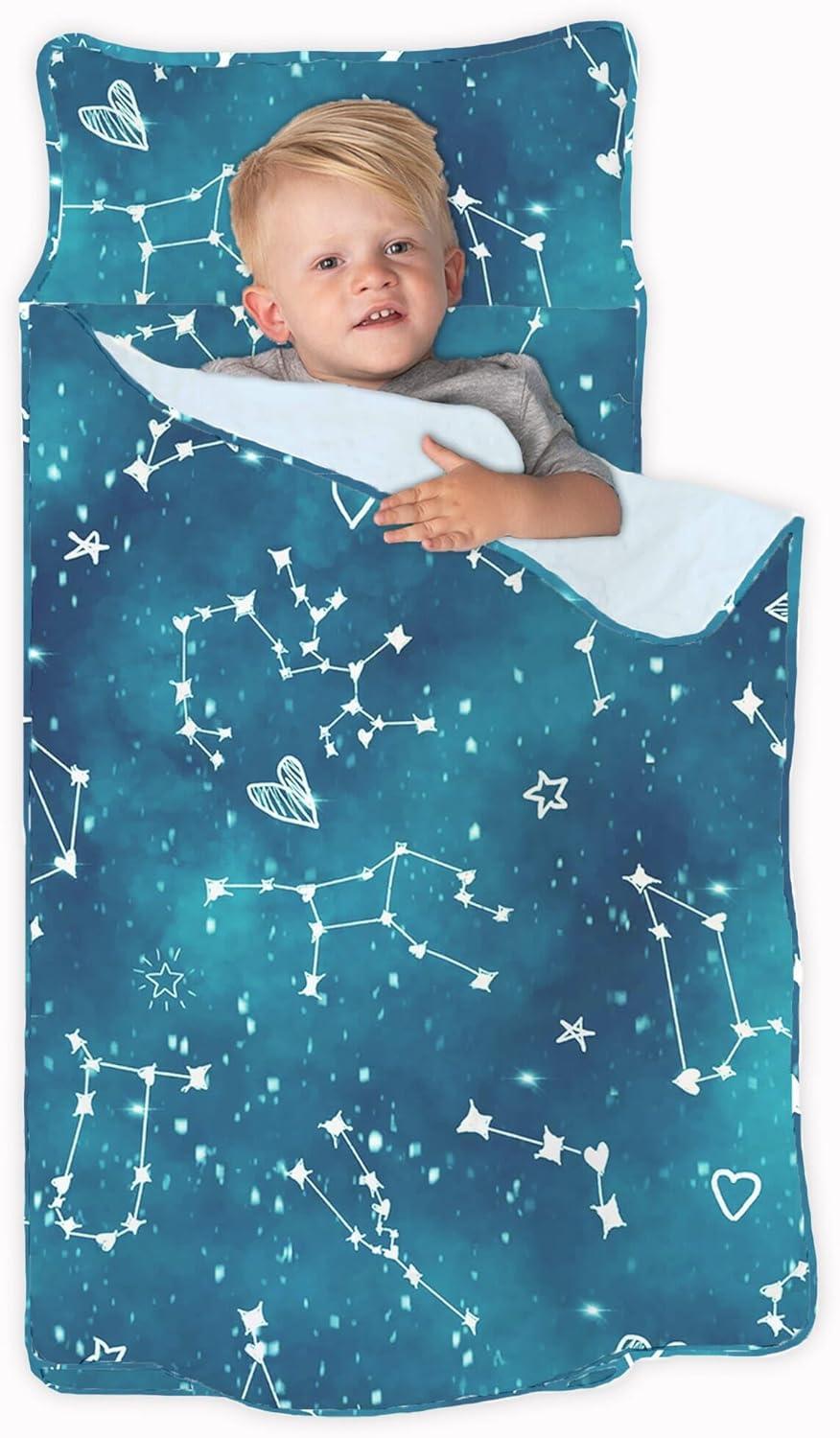 Toddler Nap Mat - Sleeping Bag for Kids with Removable Pillow and Ultra Soft Blanket for Preschool, Daycare, and Sleepovers - Night Sky
