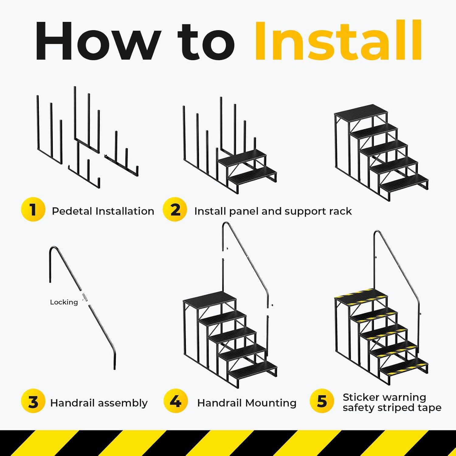 Tcbosik RV Steps with Handrail, 5 Steps Ladder Hot Tub Steps, Portable Stairs Step with Anti-Slip Panel, Heavy Duty Metal Mobile Home Stairs for Outdoor RV Step, Camper Trailer, Black