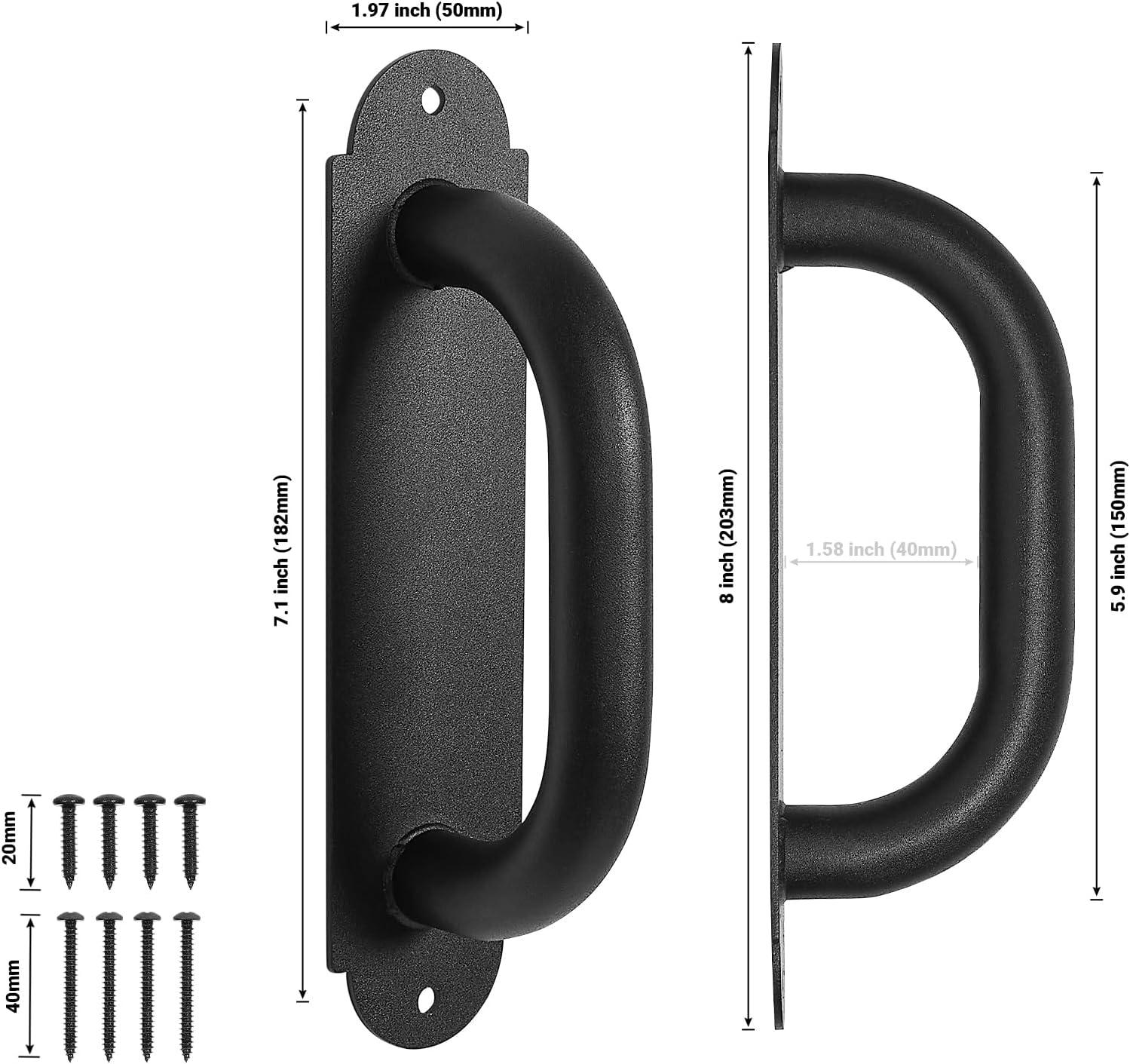 8'' Black Heavy Duty Barn Door Pull Handles 2 Pack, Outdoor Metal Power Coated Modern Gate Hanlde for Fence Garden Patio Gates, Interior Closet Cabinets Door Pulls