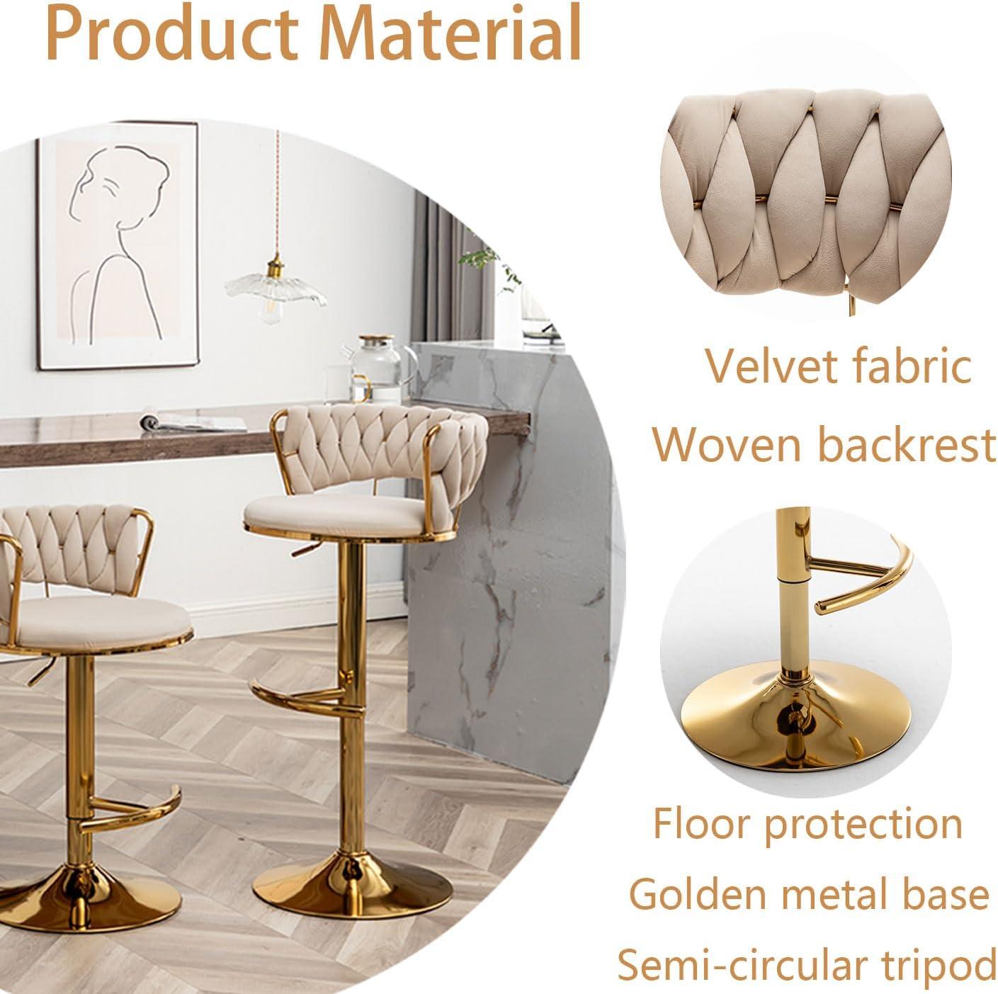 Gold Velvet Bar Stools Set of 4, Counter Height Bar Chairs with Low Back, Swivel Bar Stool for Kitchen Island, Bar Pub (Beige)