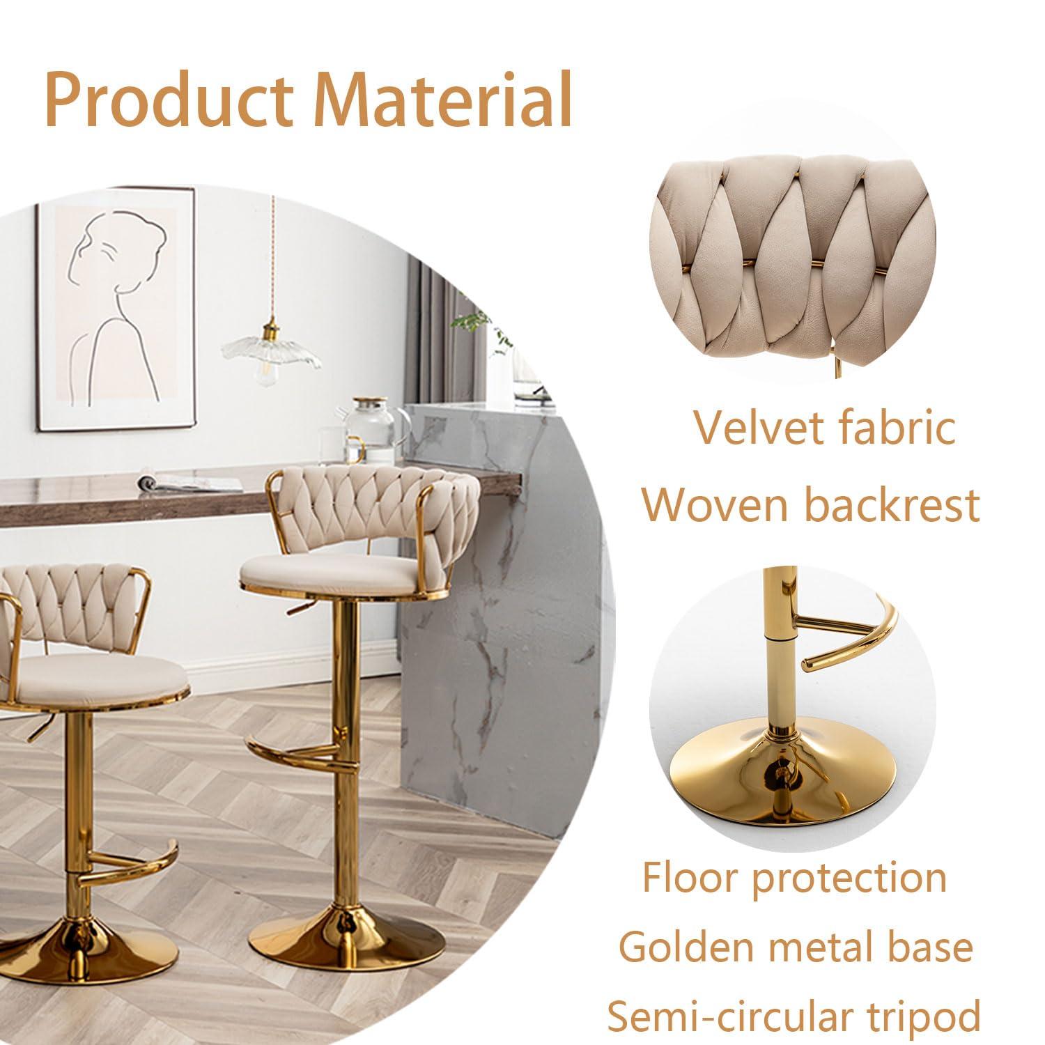 Gold Velvet Bar Stools Set of 4, Counter Height Bar Chairs with Low Back, Swivel Bar Stool for Kitchen Island, Bar Pub (Beige)