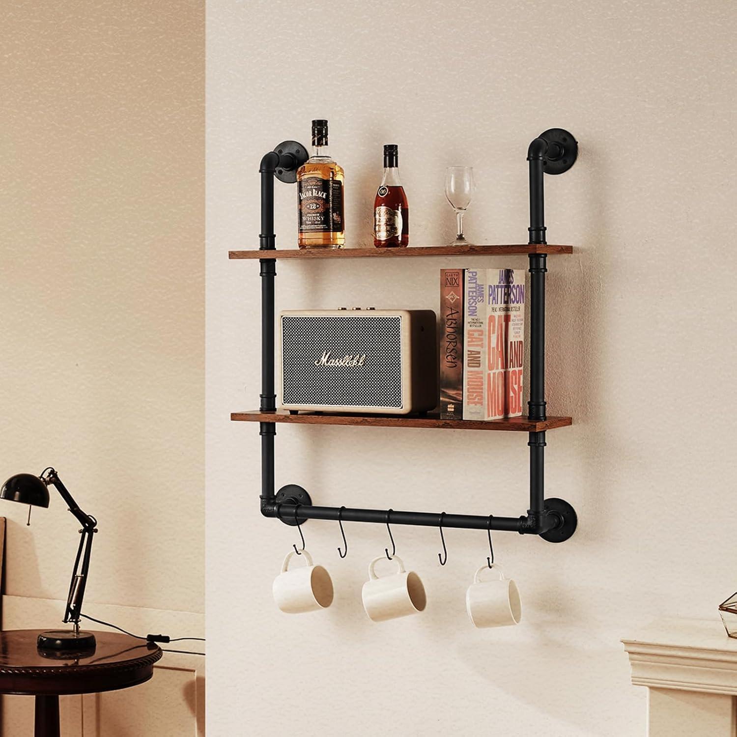Williston Forge Industrial Pipe Shelf 2 Tier 24x7.87in Wall-Mount for Kitchen Bedroom