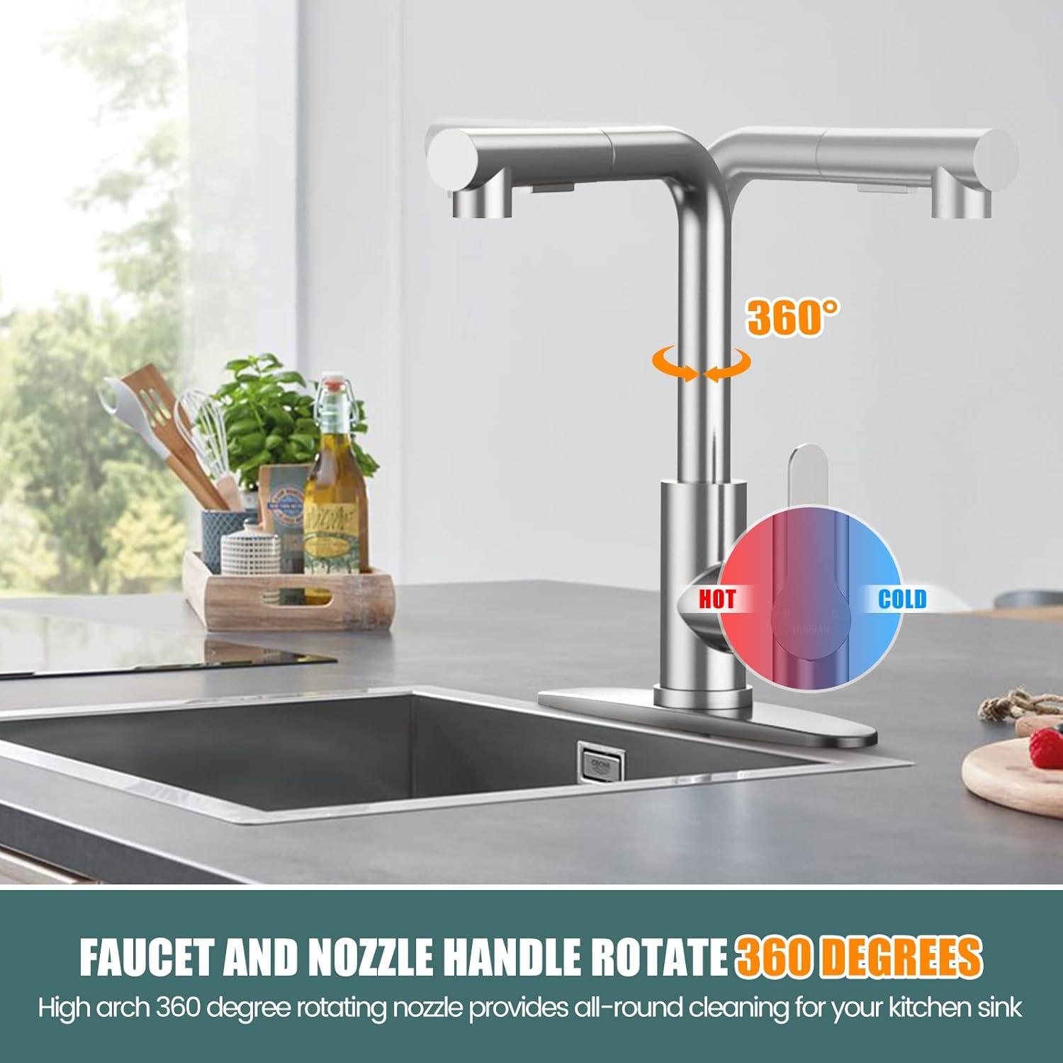 Brushed Nickel Stainless Steel Kitchen Faucet with Pull Down Sprayer