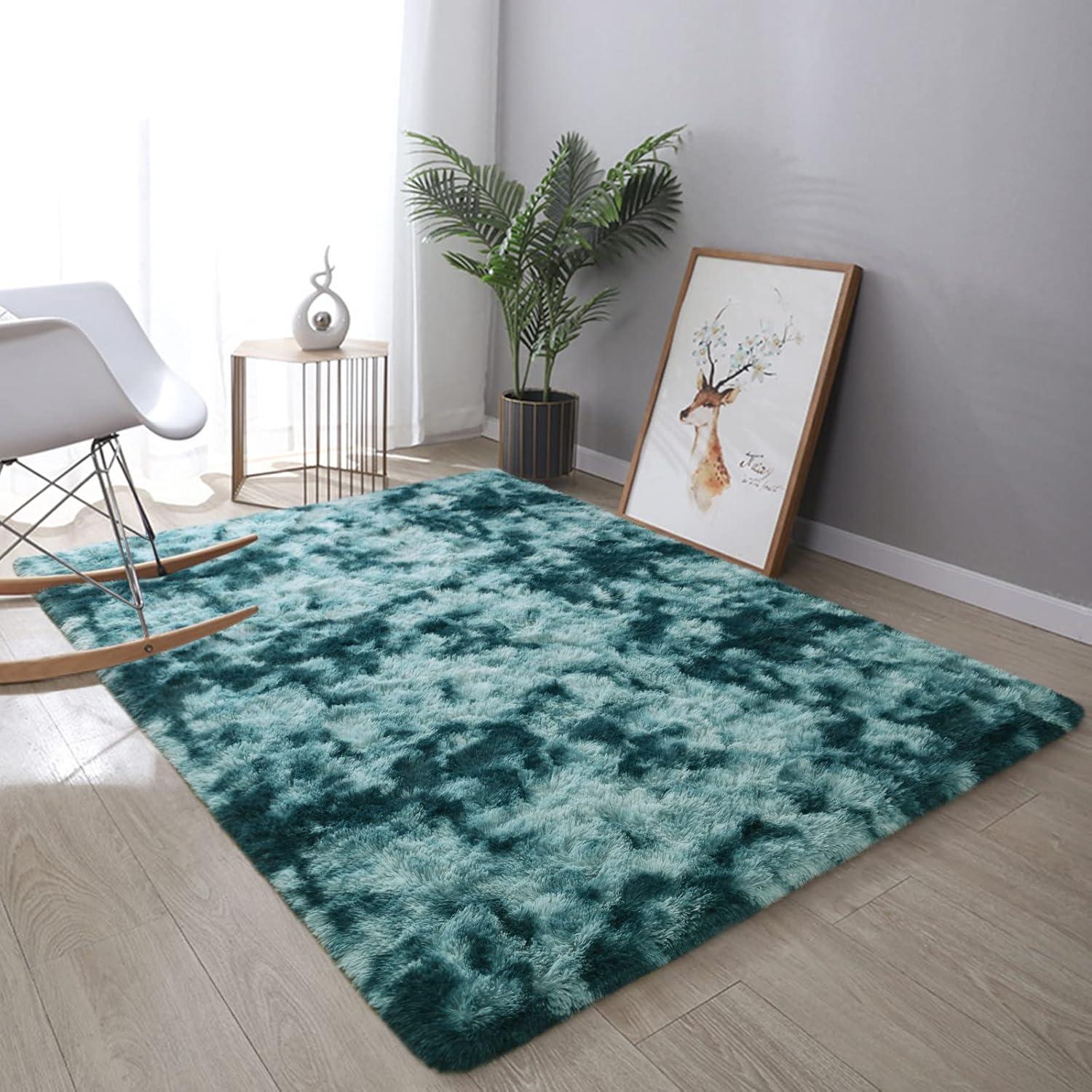 DweIke Fluffy Peacock Blue Rugs for Bedroom Living Room, 3x5 Feet Soft Plush Shaggy Tie-Dyed Teal Blue Girls Boys Kids Rug, Upgraded Non-Slip and Machine Washable Carpet for Dorm Nursery Decor