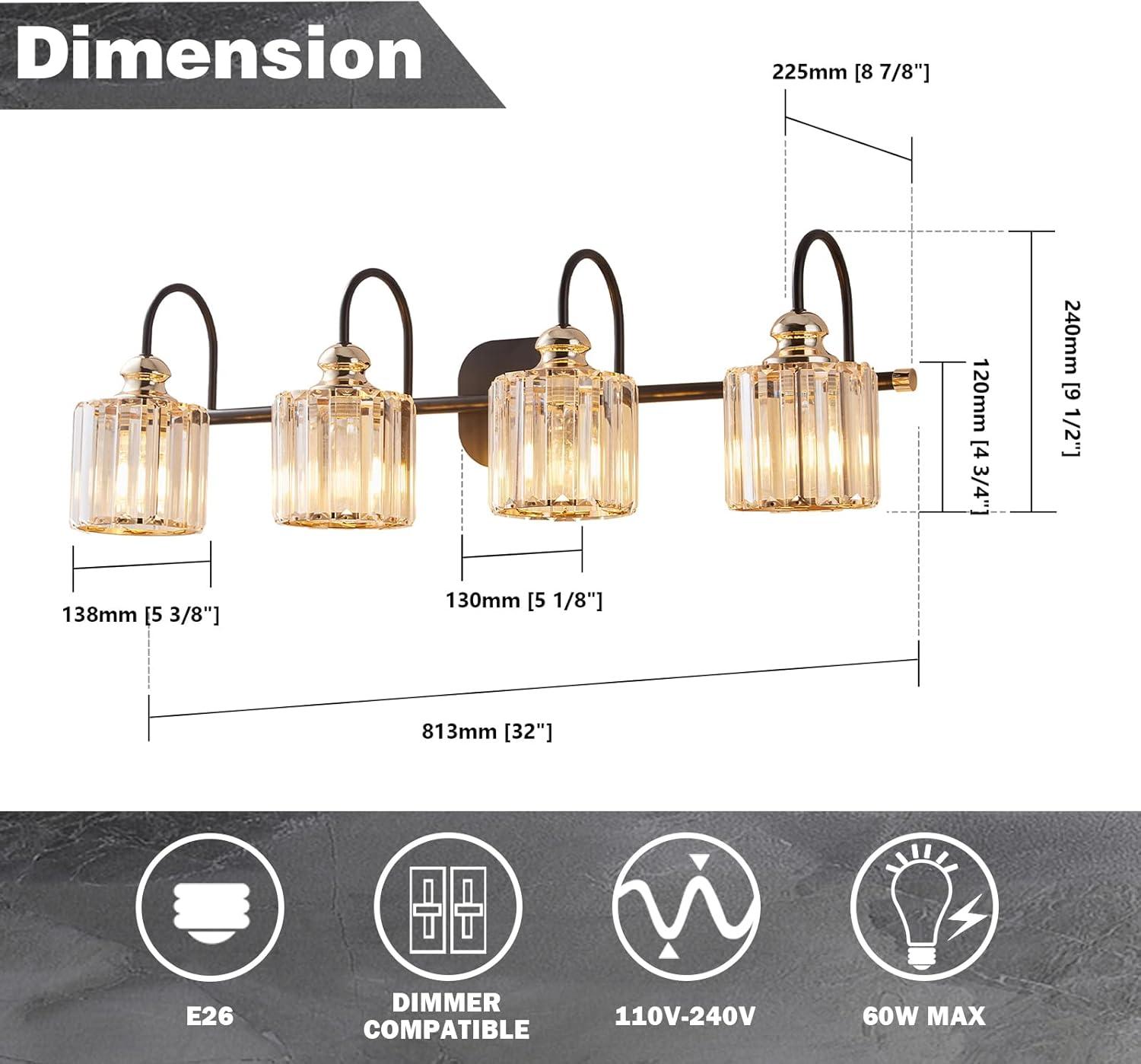 ExBriteUSA 4-Light Wide Gold Crystal Bathroom Vanity Lights,