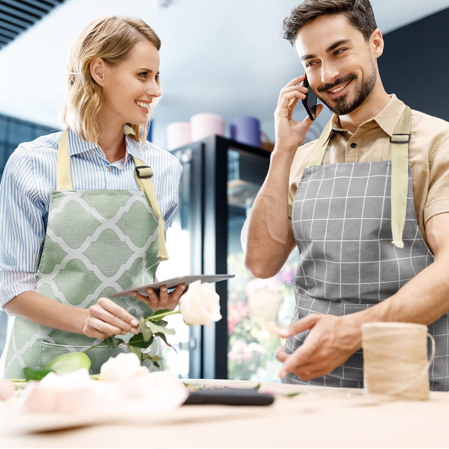 2 Pieces Aprons for Women with Pockets, Cotton Linen Waterproof Kitchen Cooking Aprons, Chef Apronfor Men Women with Adjustable Neck Strap and Long Ties(Grey/Green)