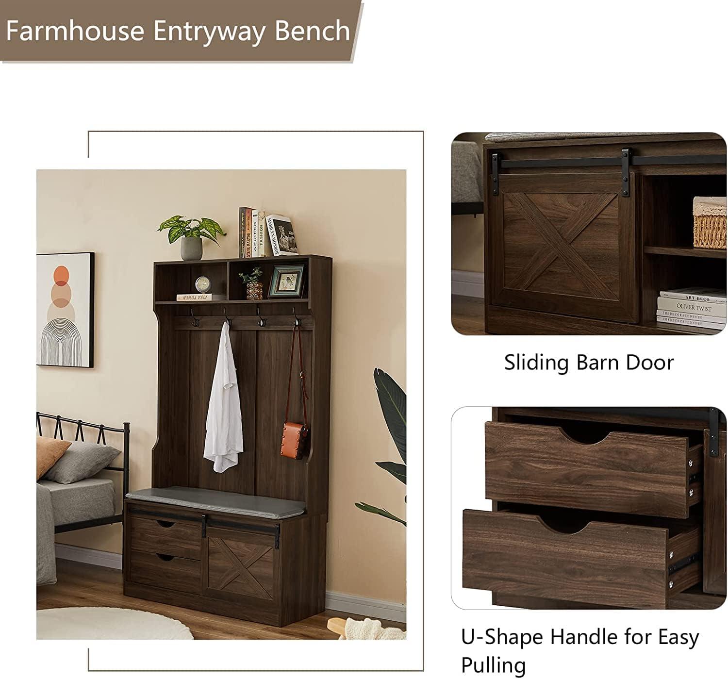 Betoko Hall Trees with Bench and Coat Racks, Farmhouse 71 Inch Entryway Bench with Sliding Barn Door, Wood Coat Tree Mudroom Storage Benches with Drawers (Walnut)