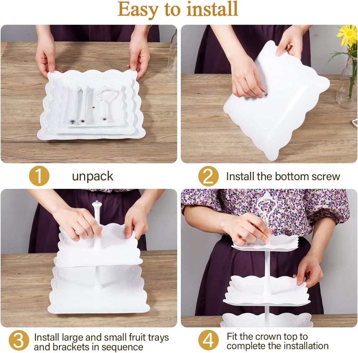 10 Pcs Cake Stand White Plastic Dessert Table Display Set 4 Pcs 3 Tired Cupcake Stand Cookie Tray Rack Serving Tray Cake Display Tower and 6 Pcs Dessert Trays for Wedding Baby Shower Tea Party