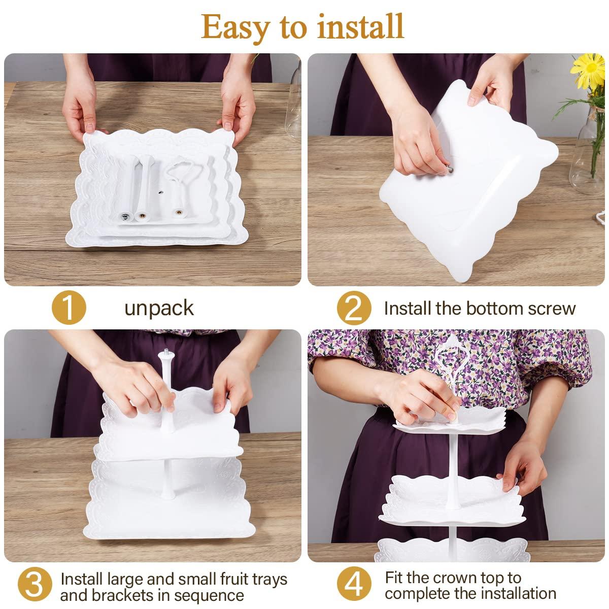 10 Pcs Cake Stand White Plastic Dessert Table Display Set 4 Pcs 3 Tired Cupcake Stand Cookie Tray Rack Serving Tray Cake Display Tower and 6 Pcs Dessert Trays for Wedding Baby Shower Tea Party