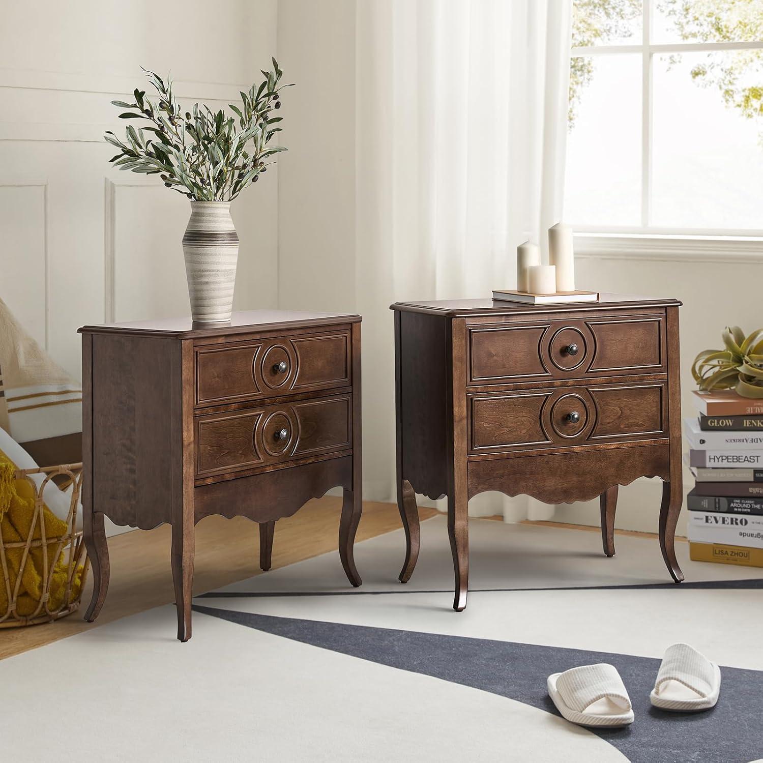 Walnut 3-Drawer Wood Nightstand Set with Charging Station