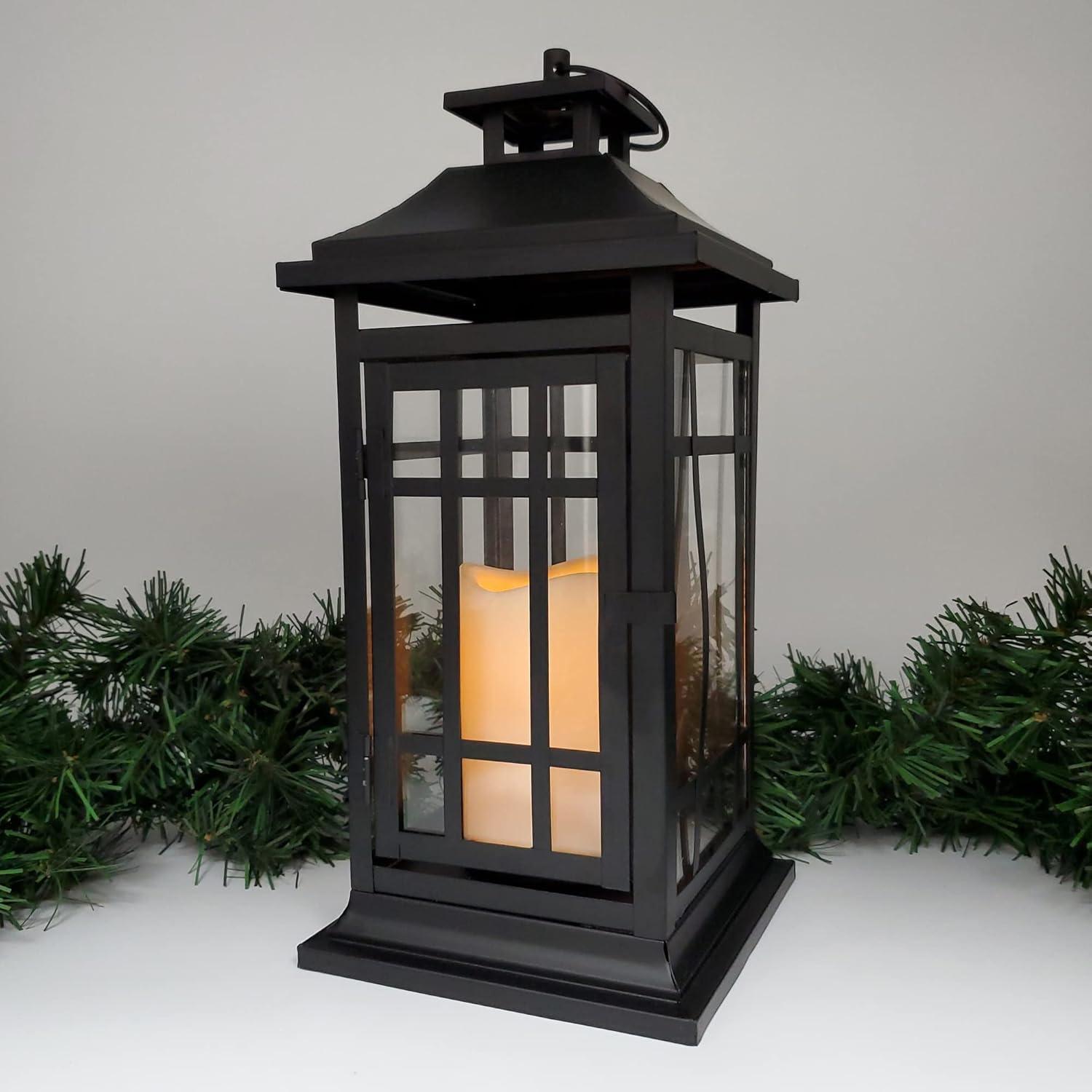 LumaBase Battery Operated Metal Lantern with LED Candle - Black Window (14 inches)