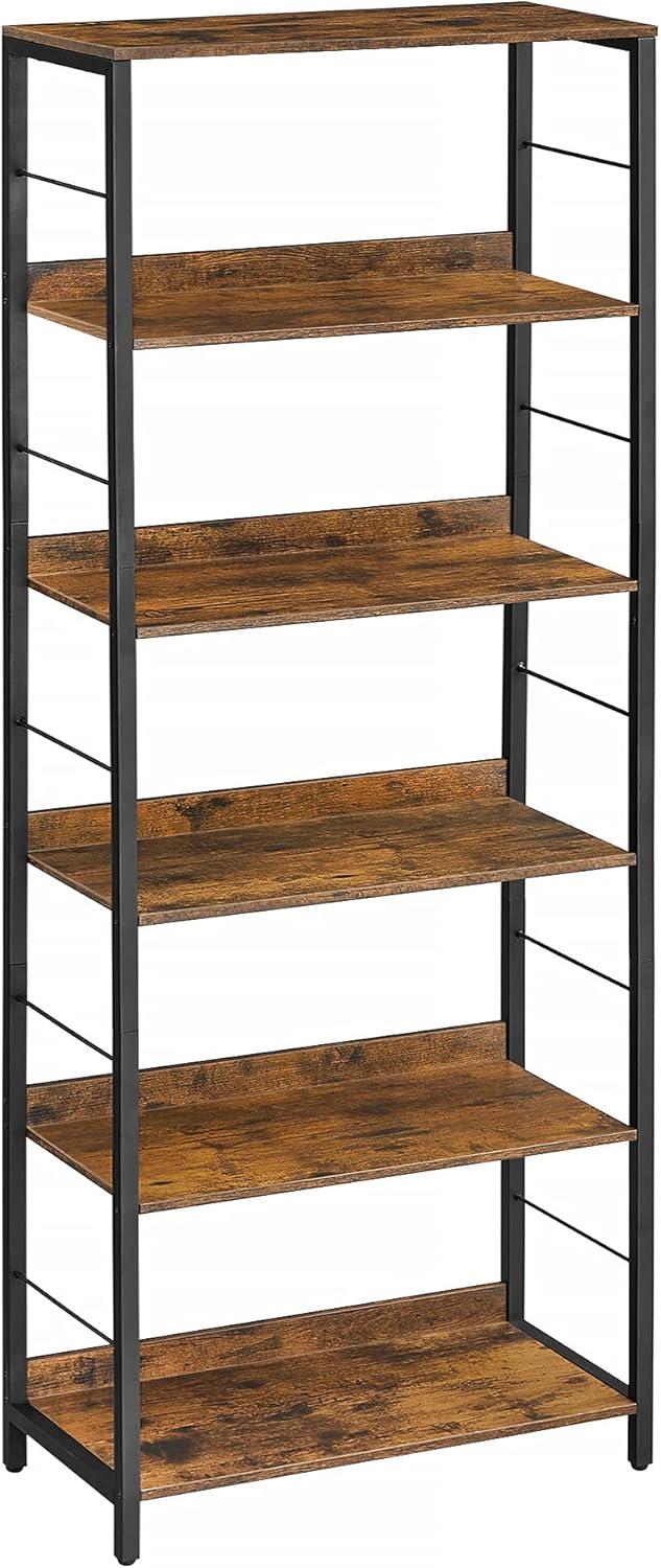 Rustic Brown and Black 6-Tier Industrial Bookshelf