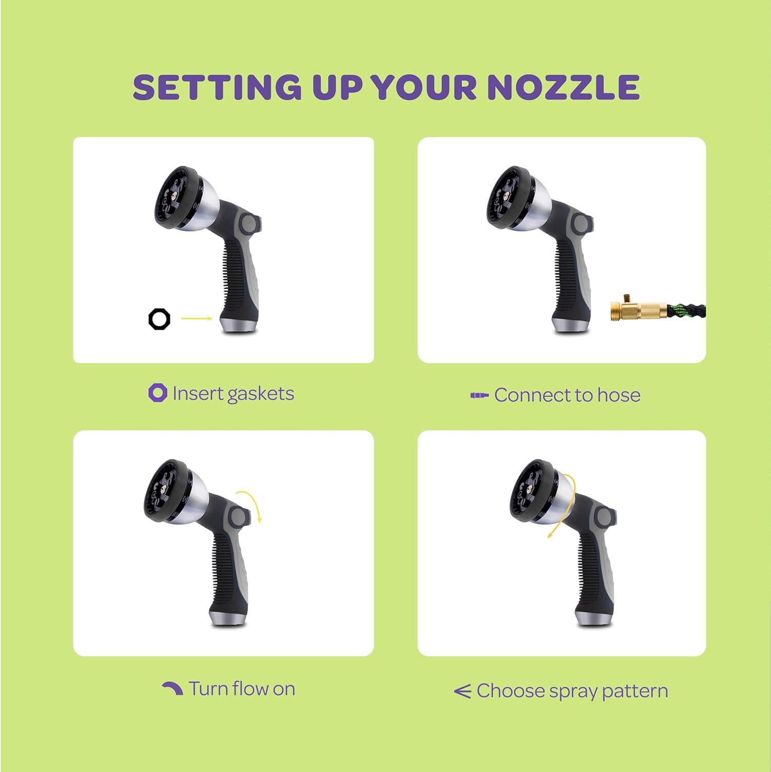 Hose Nozzle [Silver] Heavy Duty Hose Sprayer With 10 Adjustable Watering Patterns. Thumb Control Design, Comfortable Ergonomic Grip, Garden Hose Nozzle for Watering Plants & Lawns/Fun showers/Cleaning