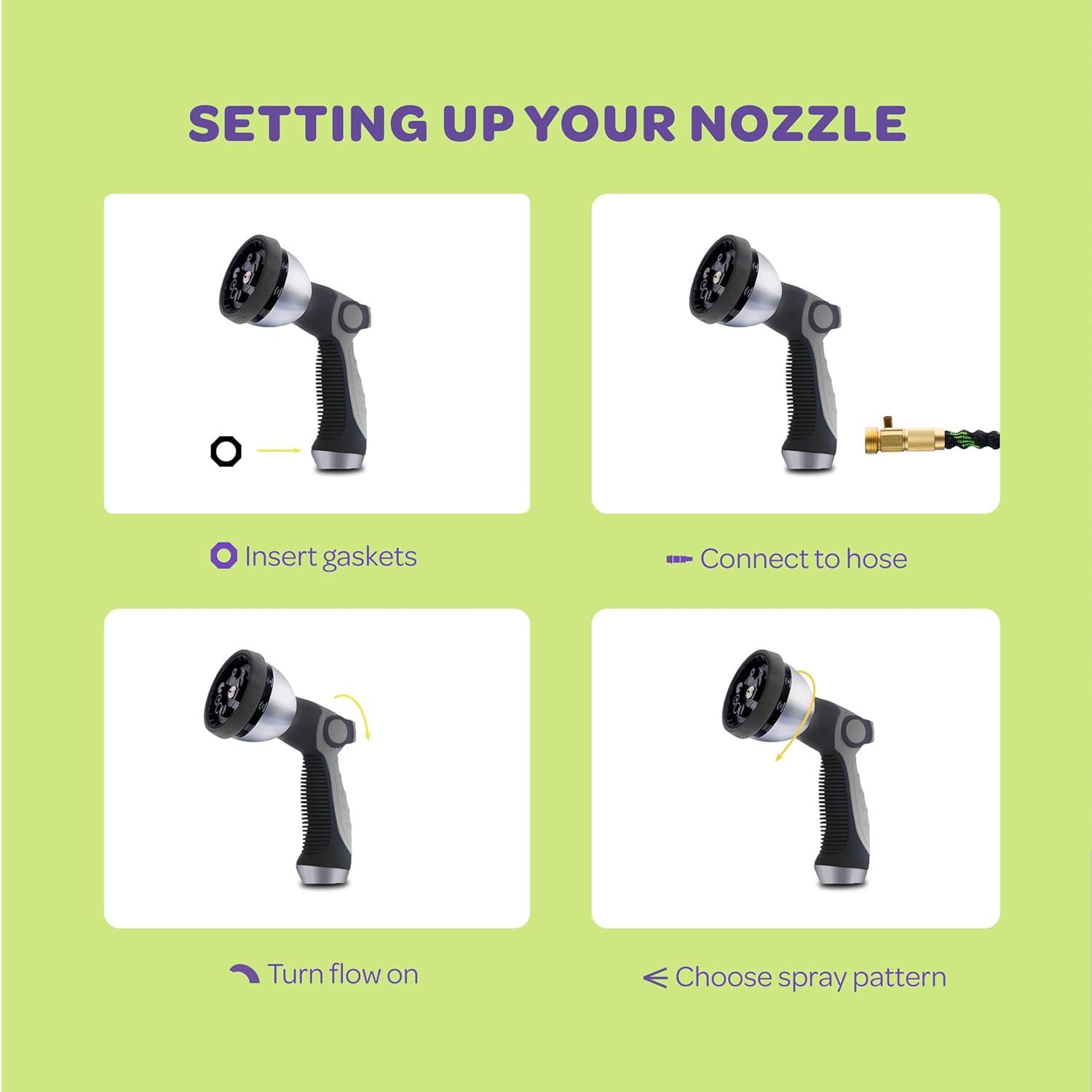 Hose Nozzle [Silver] Heavy Duty Hose Sprayer With 10 Adjustable Watering Patterns. Thumb Control Design, Comfortable Ergonomic Grip, Garden Hose Nozzle for Watering Plants & Lawns/Fun showers/Cleaning