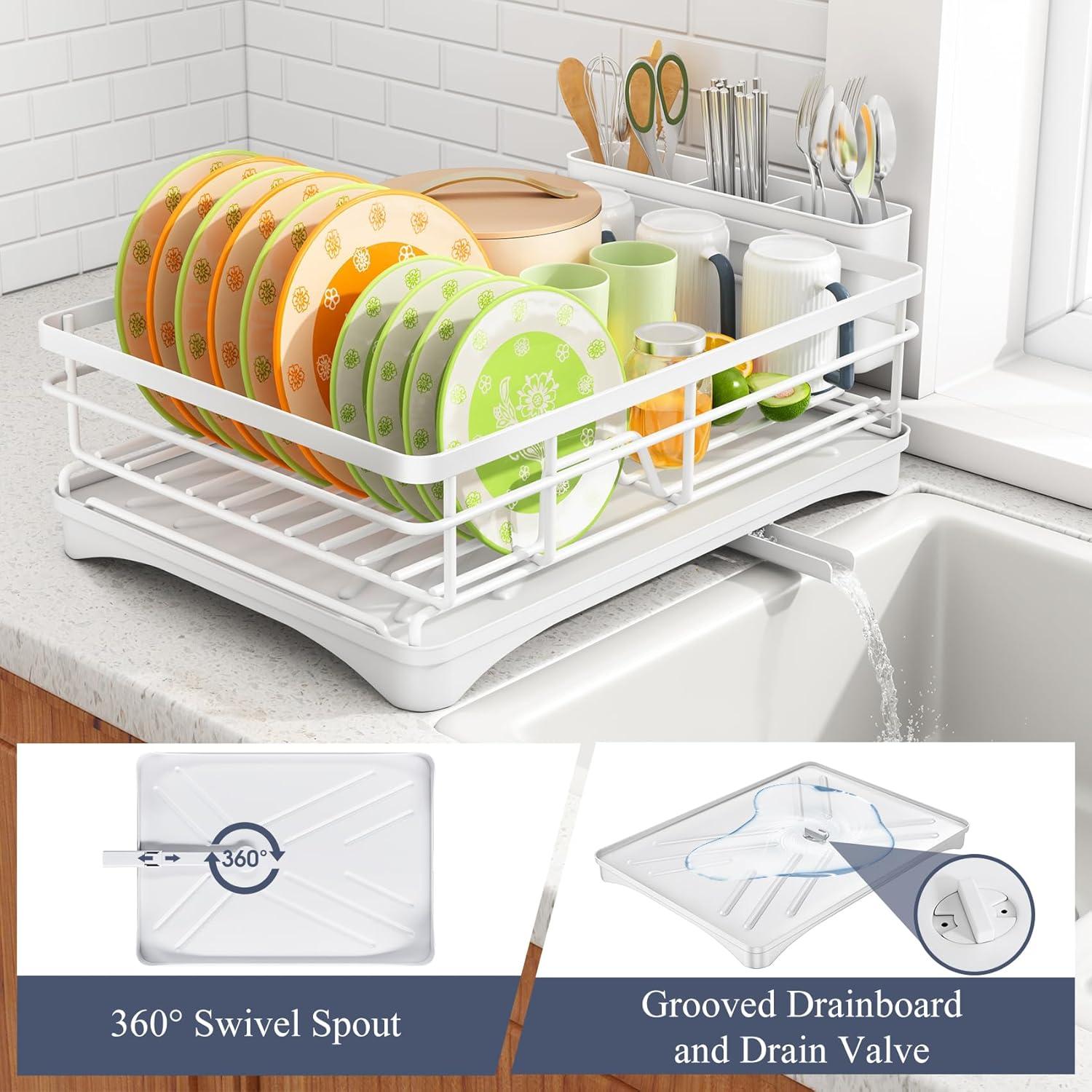 Expandable Stainless Steel Dish Drying Rack with Utensil Holder, White