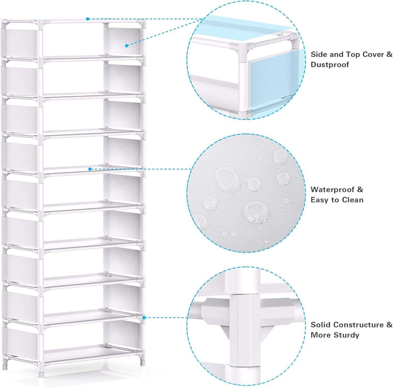 White 10-Tier Tall Stackable Shoe Rack with Hooks