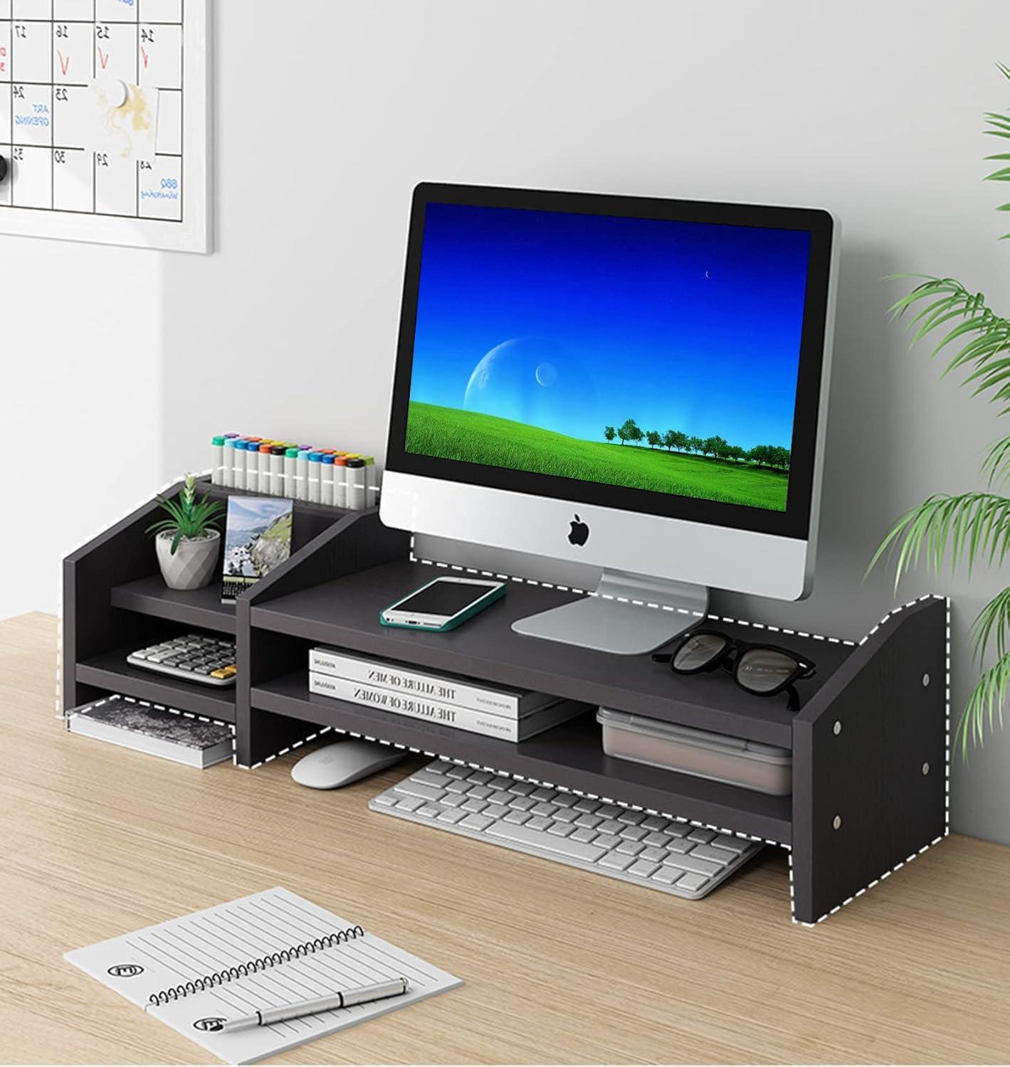 Computer Monitor Riser, 2 Tier Wooden Stand With Two Layer Storage Rack, Black Desktop Organizer for PC/Laptop, Home & Office