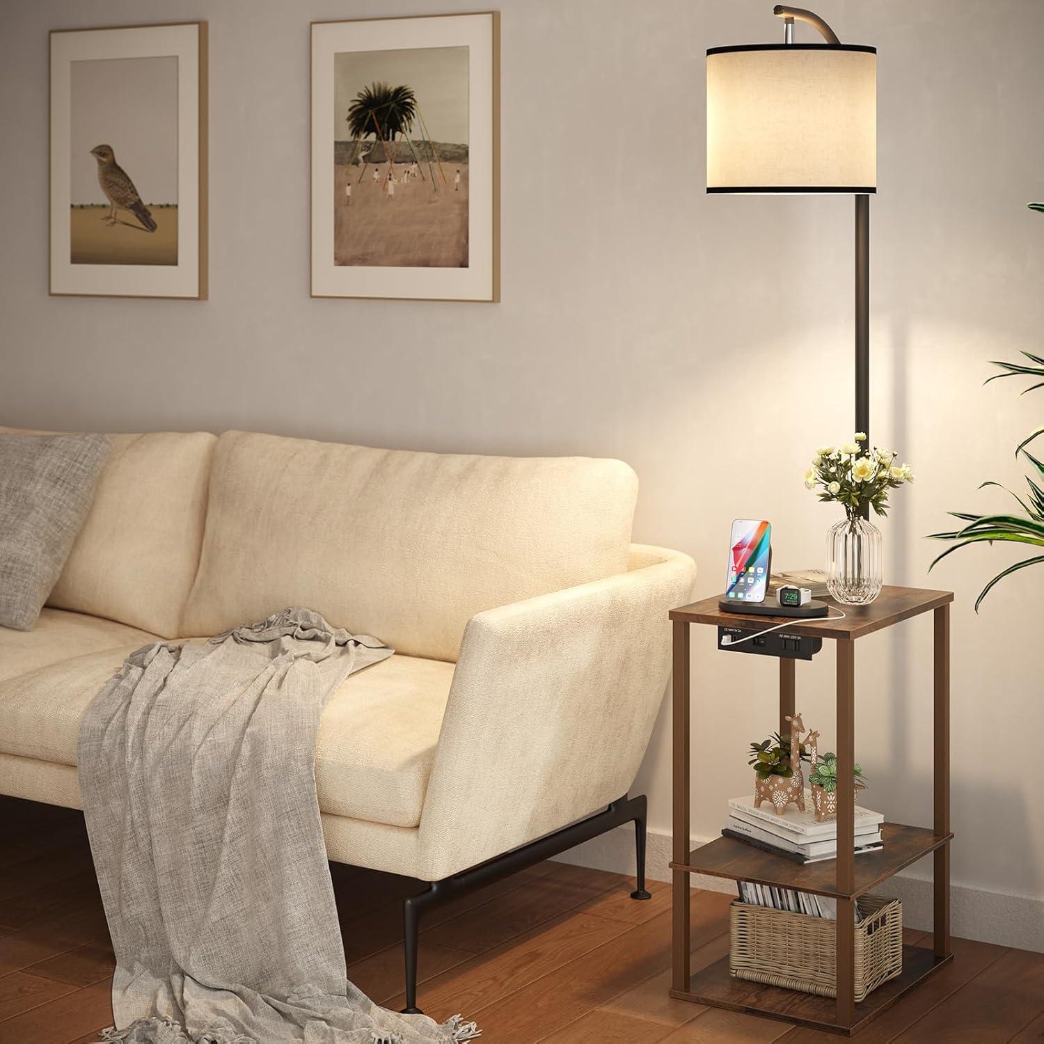 SUNMORY Floor Lamp with Table, Lamps for Living Room with USB Port, Attached End Table with Shelves, Brown