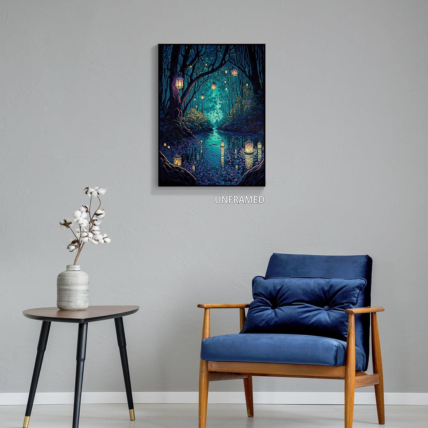 Fantasy Blue Forest Lanterns Canvas Wall Art 16x24