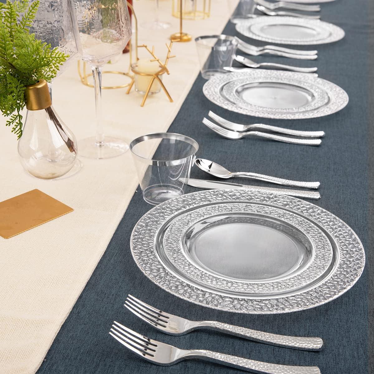 Elegant Clear and Silver Disposable Dinnerware Set for 25 Guests