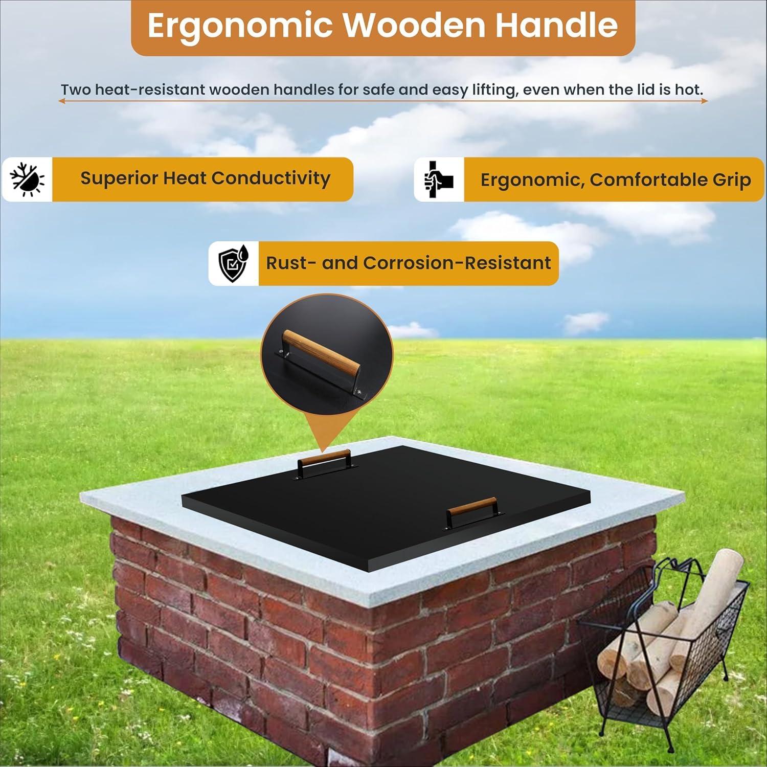 FEBTECH Fire Pit Snuffer Lid - Fire Pit Lid Square 34X34 Fire Pit Cover Square, Rust Resistant Firepit Lid,Carbon Steel Fire Pit Table Lid Square, Compatible For Firepit & Firepit Table Inside Dia Up To 32".