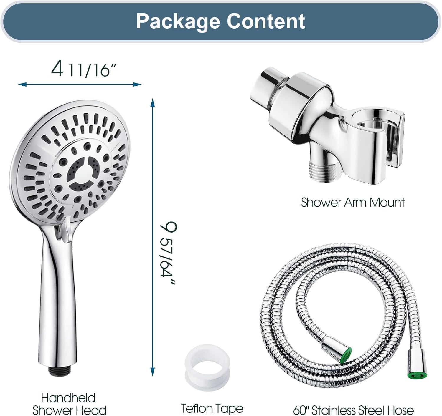 BRIGHT SHOWERS 9 Spray Settings Handheld Shower Head Set High Pressure Chrome Hand Held Showerhead with 60 Inch Flexible Shower Hose and Adjustable Shower Arm Mount Bracket
