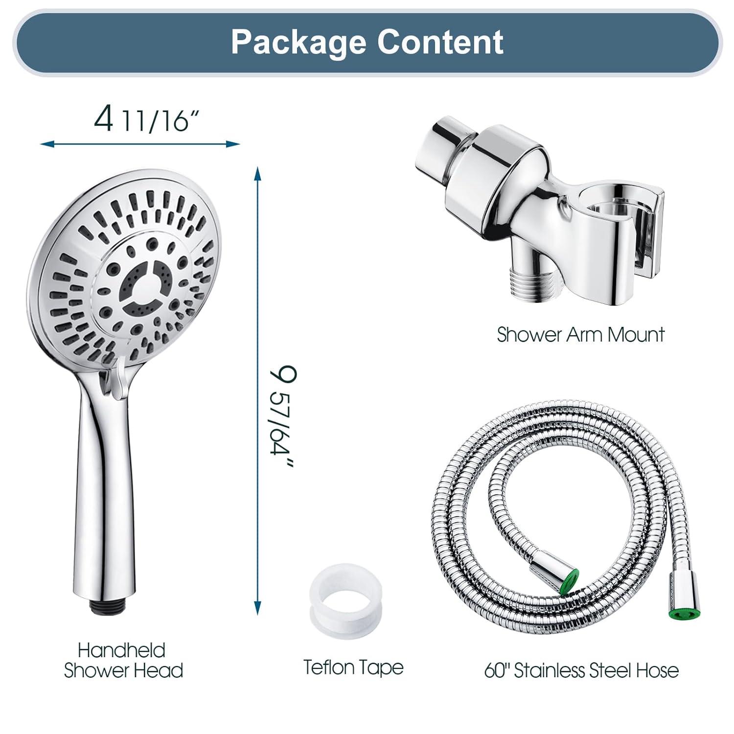 BRIGHT SHOWERS 9 Spray Settings Handheld Shower Head Set High Pressure Chrome Hand Held Showerhead with 60 Inch Flexible Shower Hose and Adjustable Shower Arm Mount Bracket