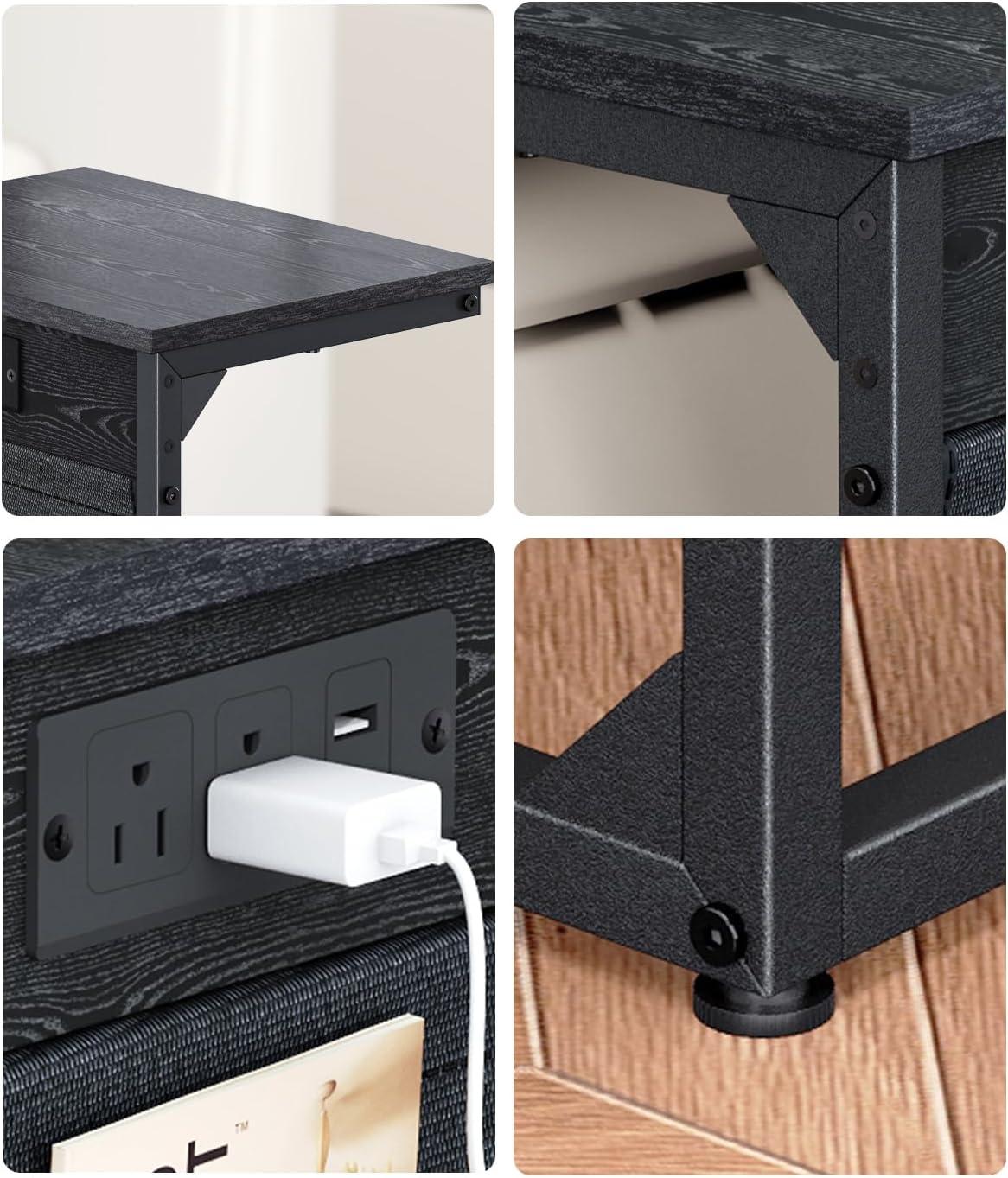 Black Metal C-Shaped End Tables with Charging Station