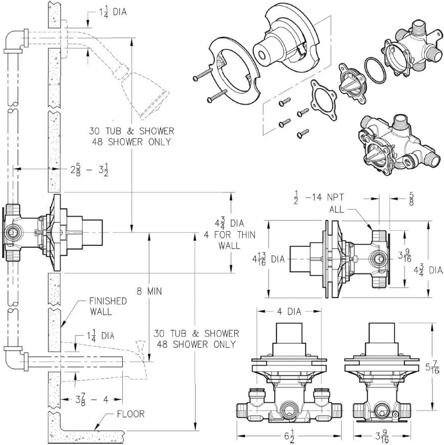 1/2-Inch Brass Thermostatic Tub and Shower Valve