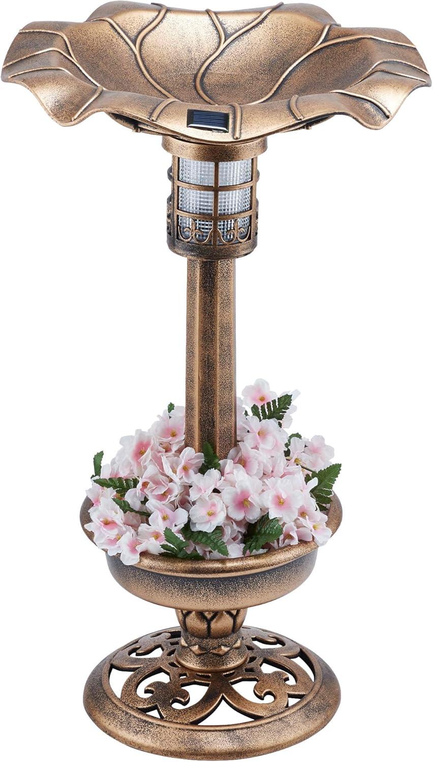 Bronze Outdoor Pedestal Birdbath with Planter and Solar LED