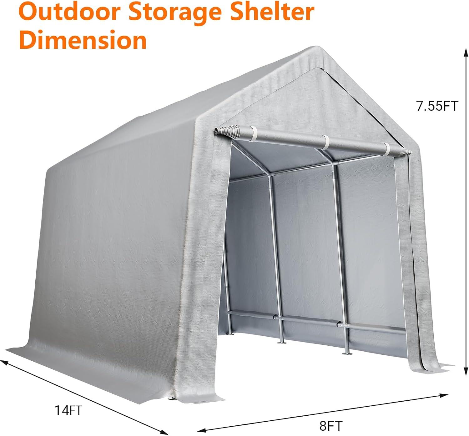 Portable Shed Carport Canopy 8x14 ft Waterproof Heavy Duty All-Season Portable Garage with Roll-up Zipper Door for Motorcycle, Bike, Garden Tools