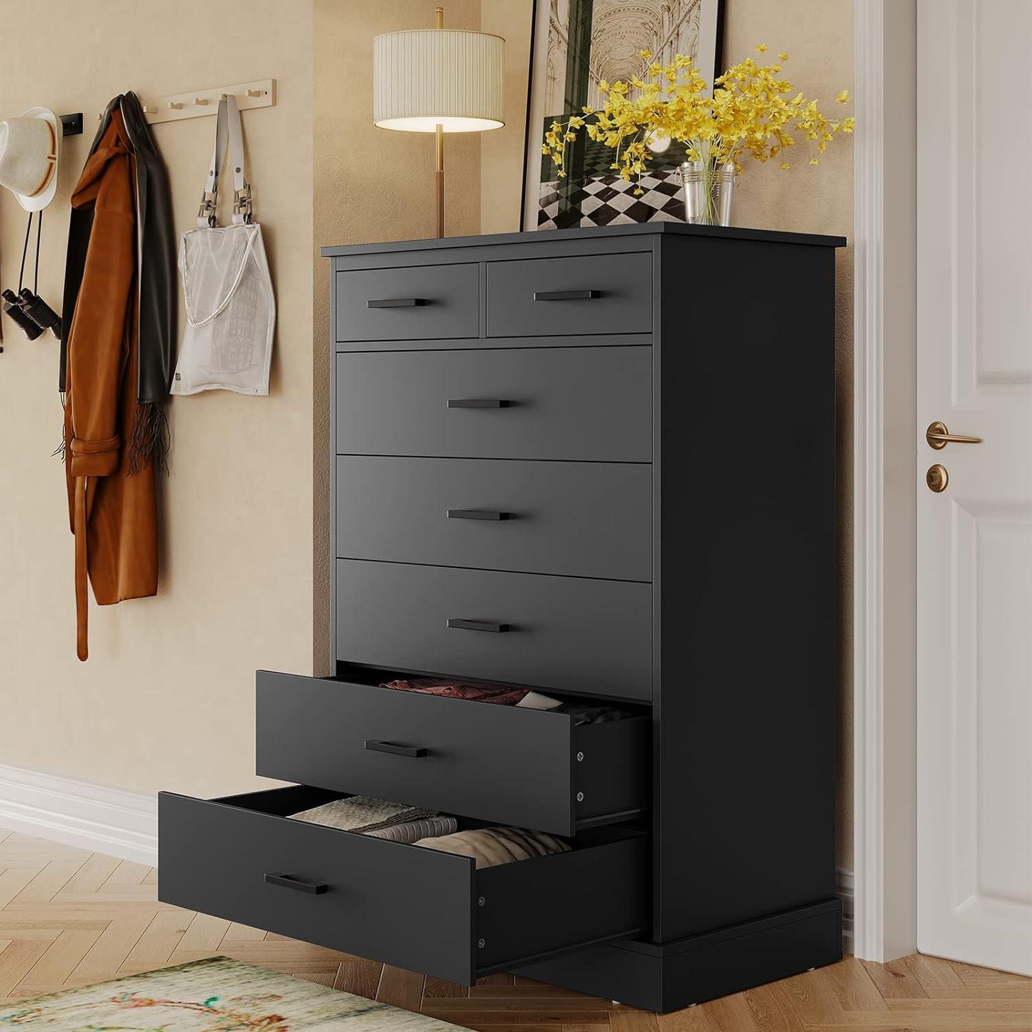 Black 7 Drawers Dresser for Bedroom,Wood Storage Tower, Chest of 7 Drawers, Large Capacity Storage Cabinet, Tall Dresser for Bedroom Hallway Entryway