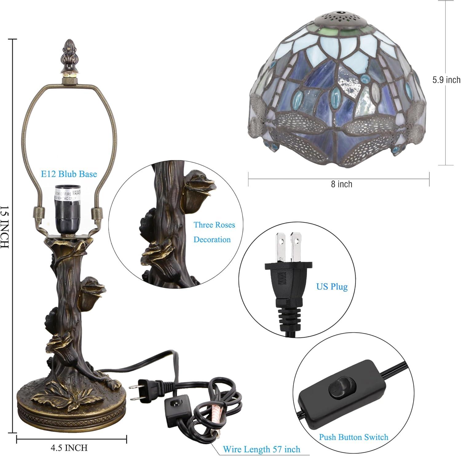 Astoria Grand Mampre Tiffany Mini Table Lamp Dragonfly Blue Stained Glass  LED Bulb Included 8"W*8"D*15"H