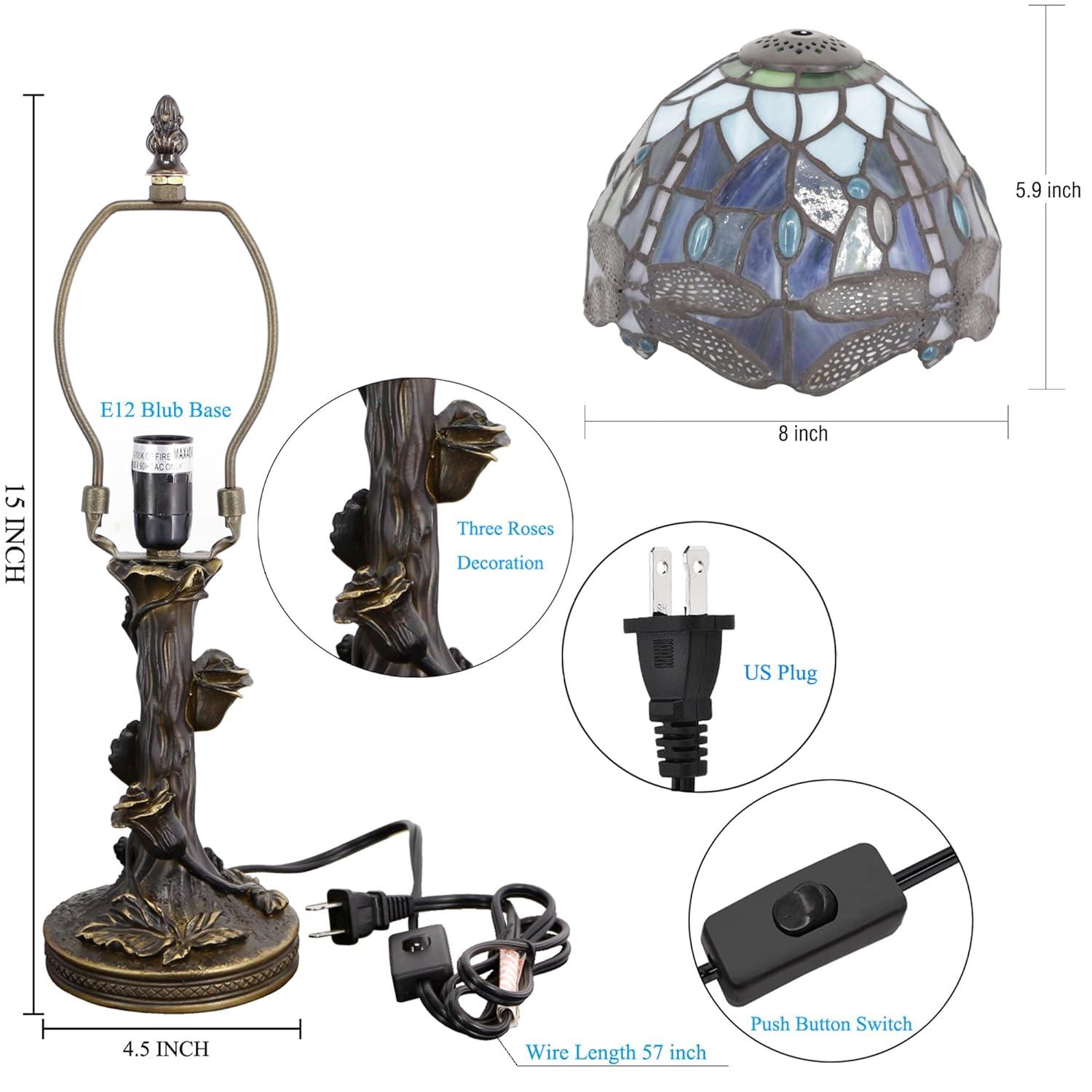 Astoria Grand Mampre Tiffany Mini Table Lamp Dragonfly Blue Stained Glass  LED Bulb Included 8"W*8"D*15"H