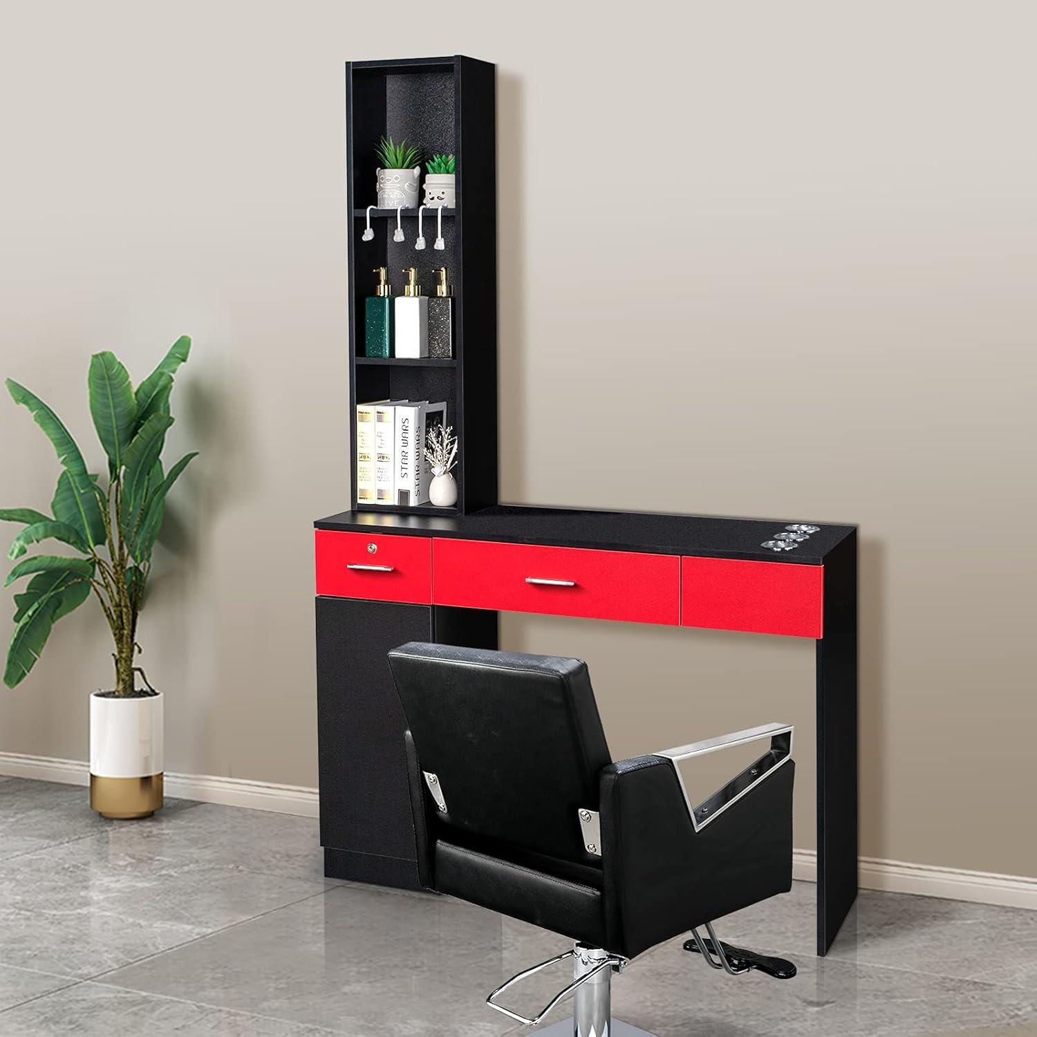 Inbox Zero Black Red Wall Mount Barber Station With 2 Drawers 1 Storage Cabinet 3 Open Shelves With Mirror